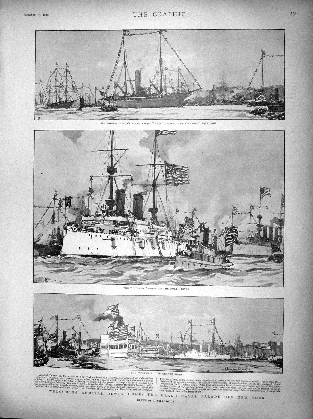 Old Antique Print 1899 Admiral Dewey Navy Ships Erin Olympia Grant'S Tomb 19th