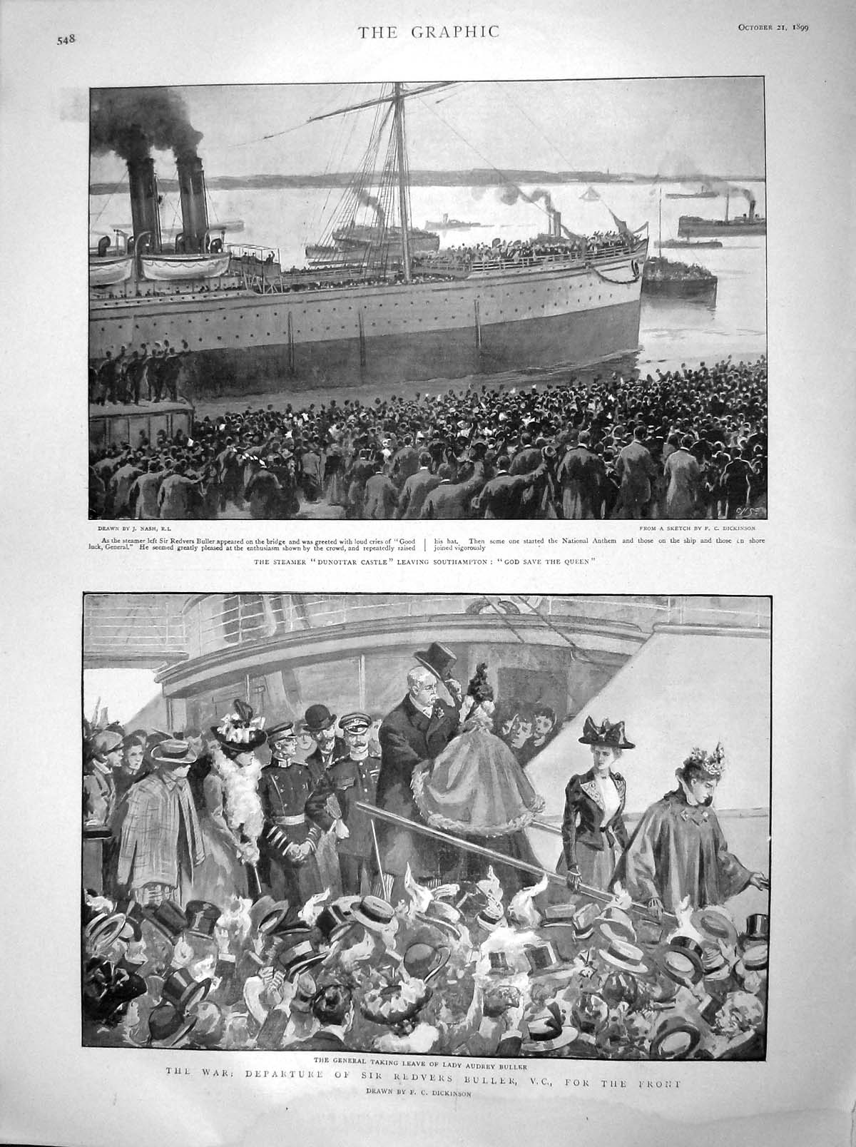 Original Old Antique Print 1899 Steamer Ship Dunottar Castle Southampton Buller