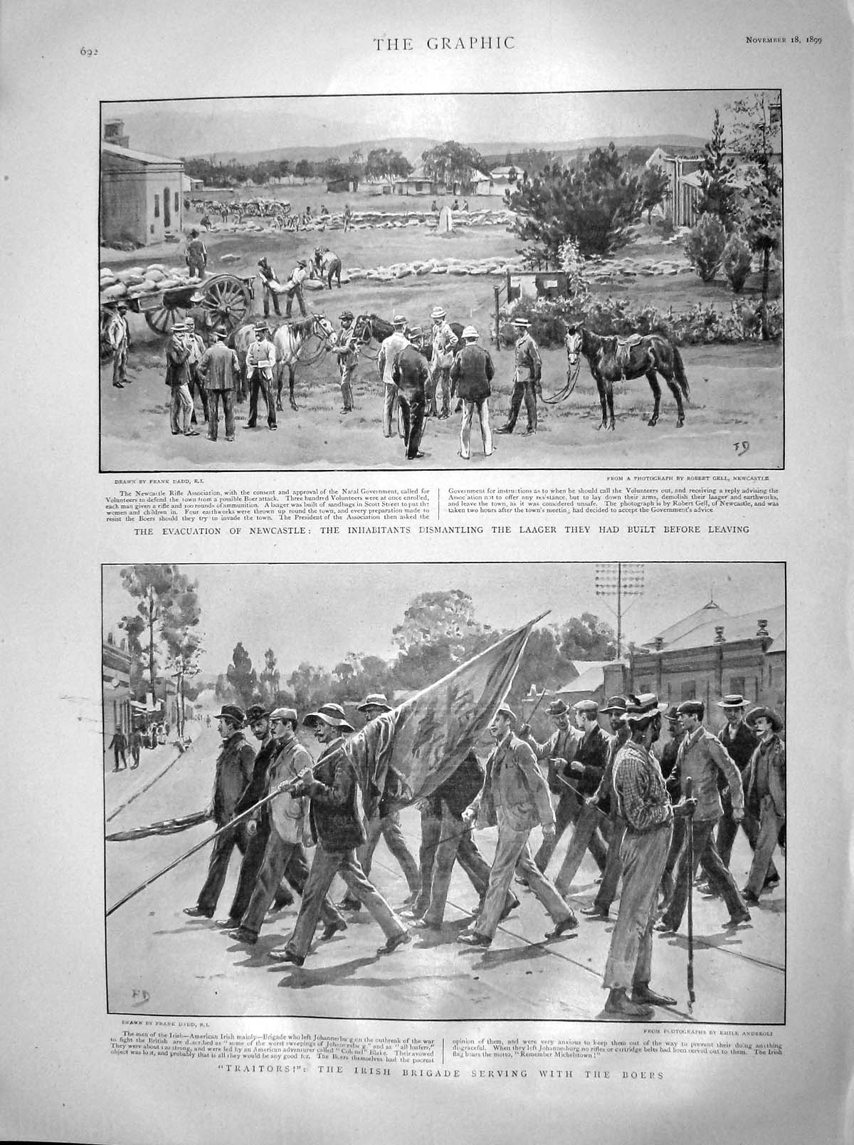 Original Old Antique Print 1899 Evacuation Newcastle Laager Irish Brigade Boers