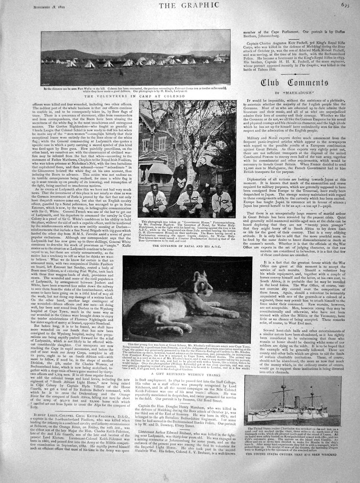 Old Antique Print 1899 Camp Colenso Governor Natal Ship Charleston Kaiser 19th