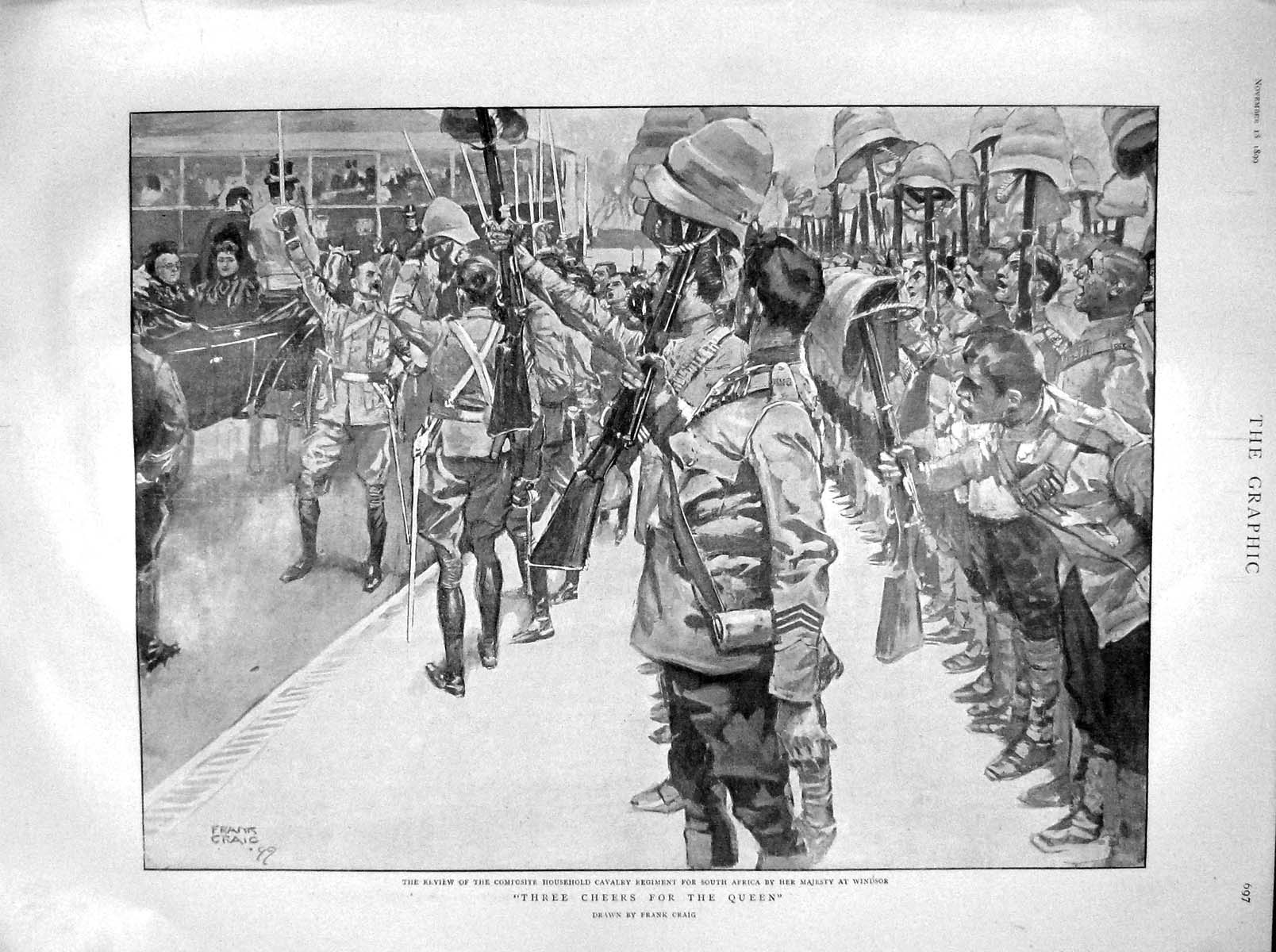 Original Old Antique Print 1899 War HousehCavalry Africa Windsor Queen Bristol