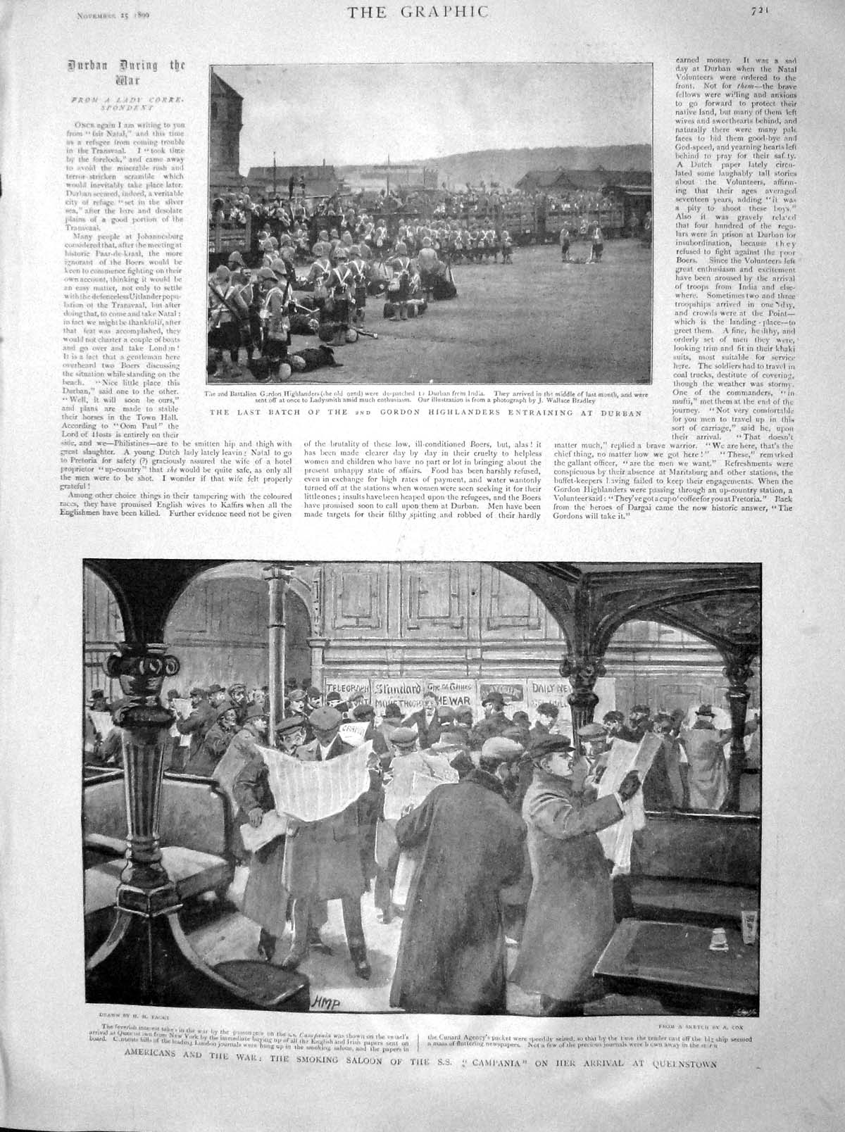 Old Antique Print 1899 Gordon Highlanders Durban War Ship Campania Saloon 19th