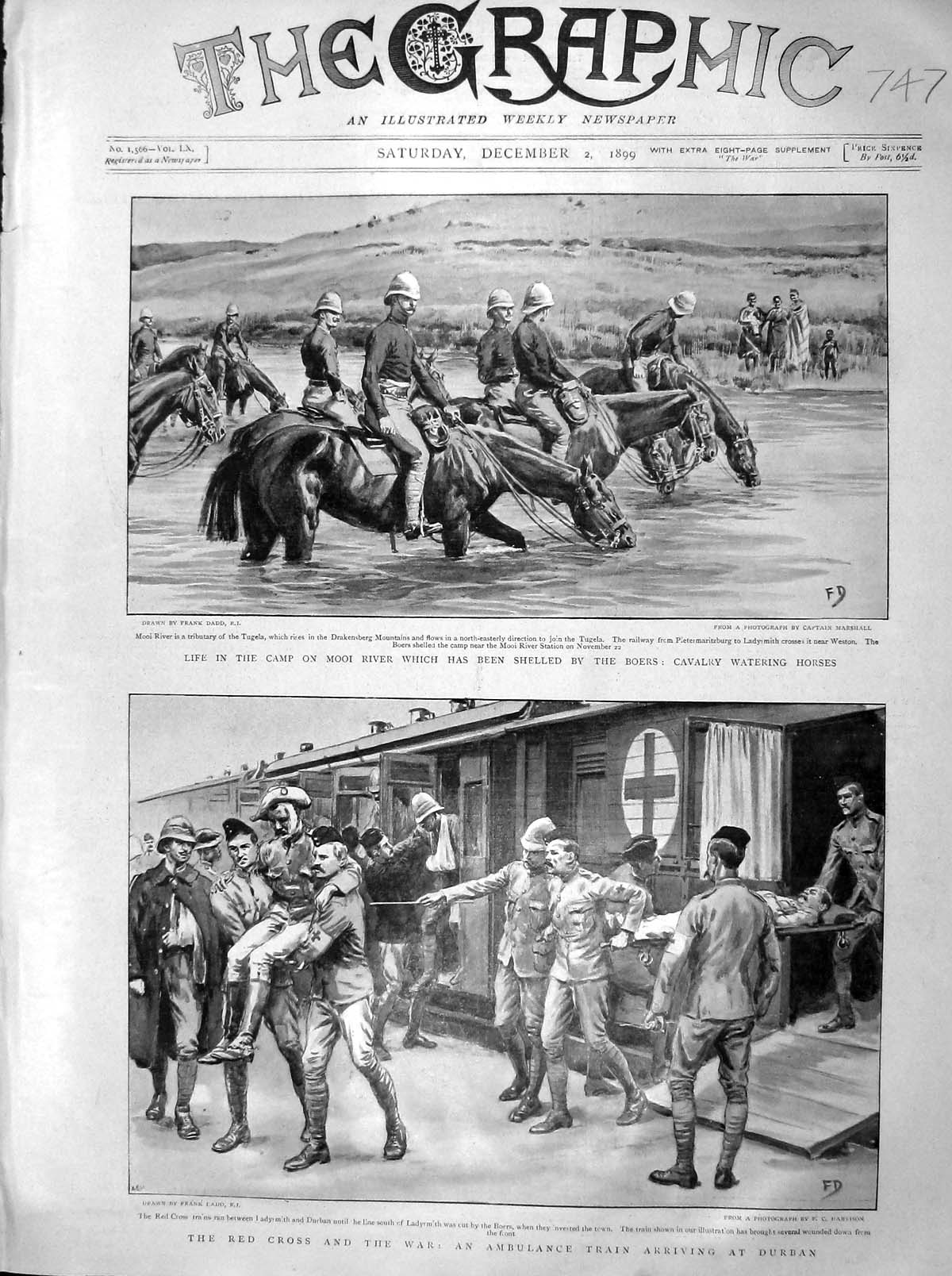Original Old Antique Print 1899 Mooi River Boers Horses Red Cross Ambulanc 19th