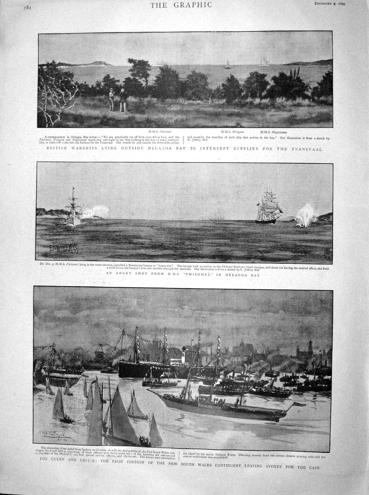 Original Old Antique Print 1899 War Ships Delagoa Philomel Australia Melbourne