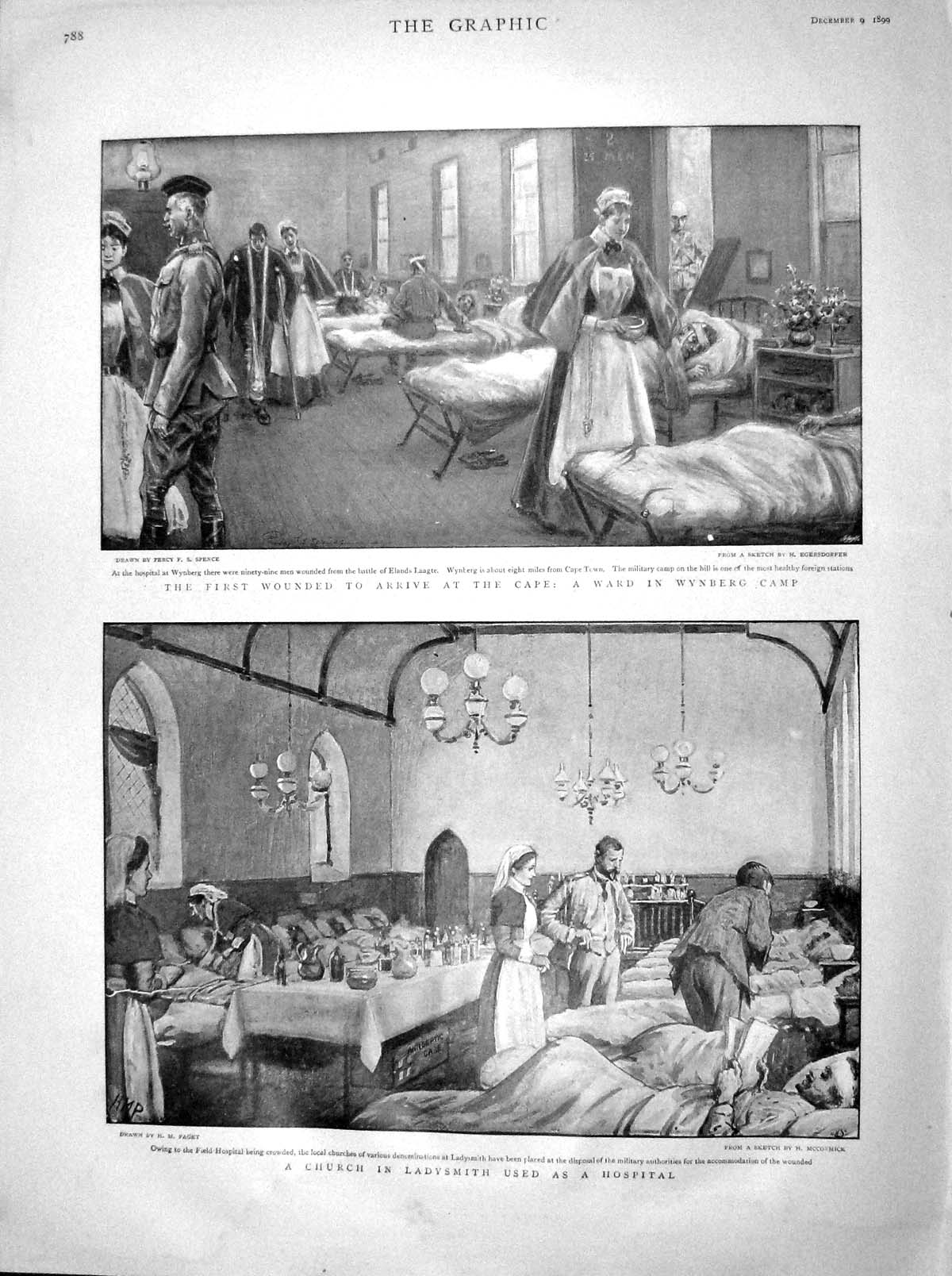 Old Antique Print 1899 Nurses Hospital Ward Wynberg Camp Ladysmith Church 19th