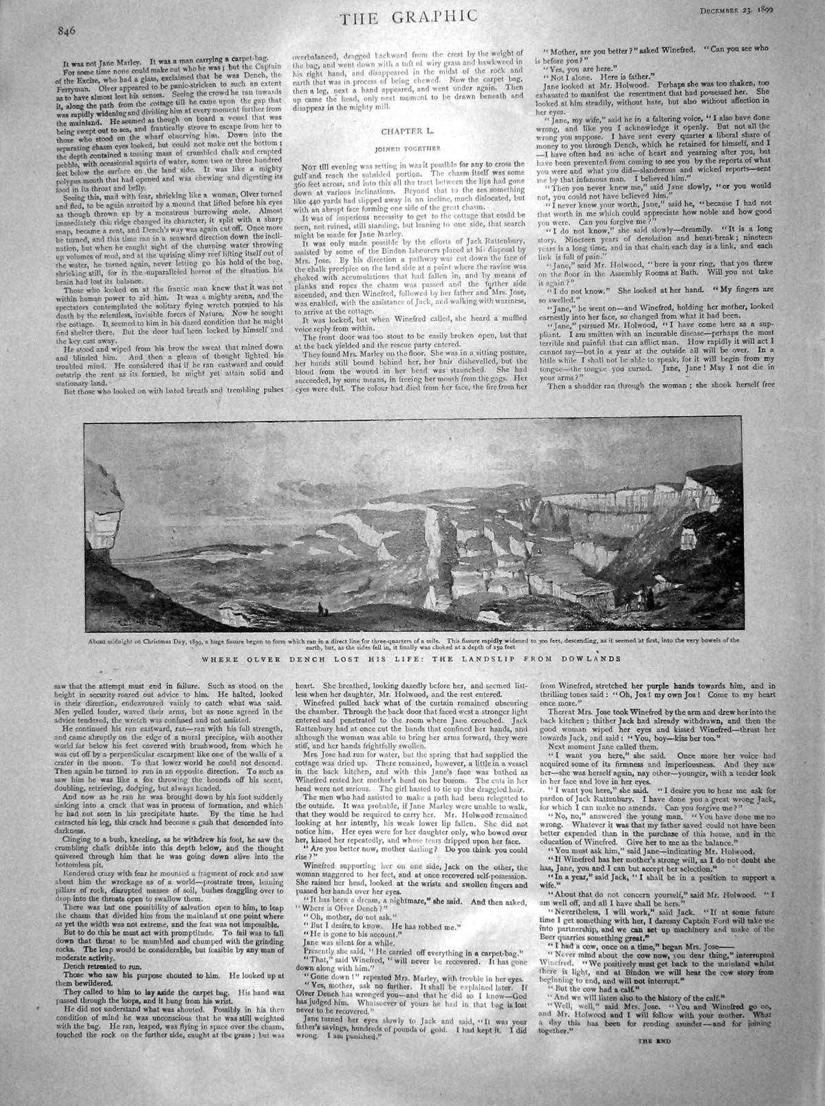 Original Old Antique Print 1899 Olver Drench Landslip Dowlands Cliffs Victorian