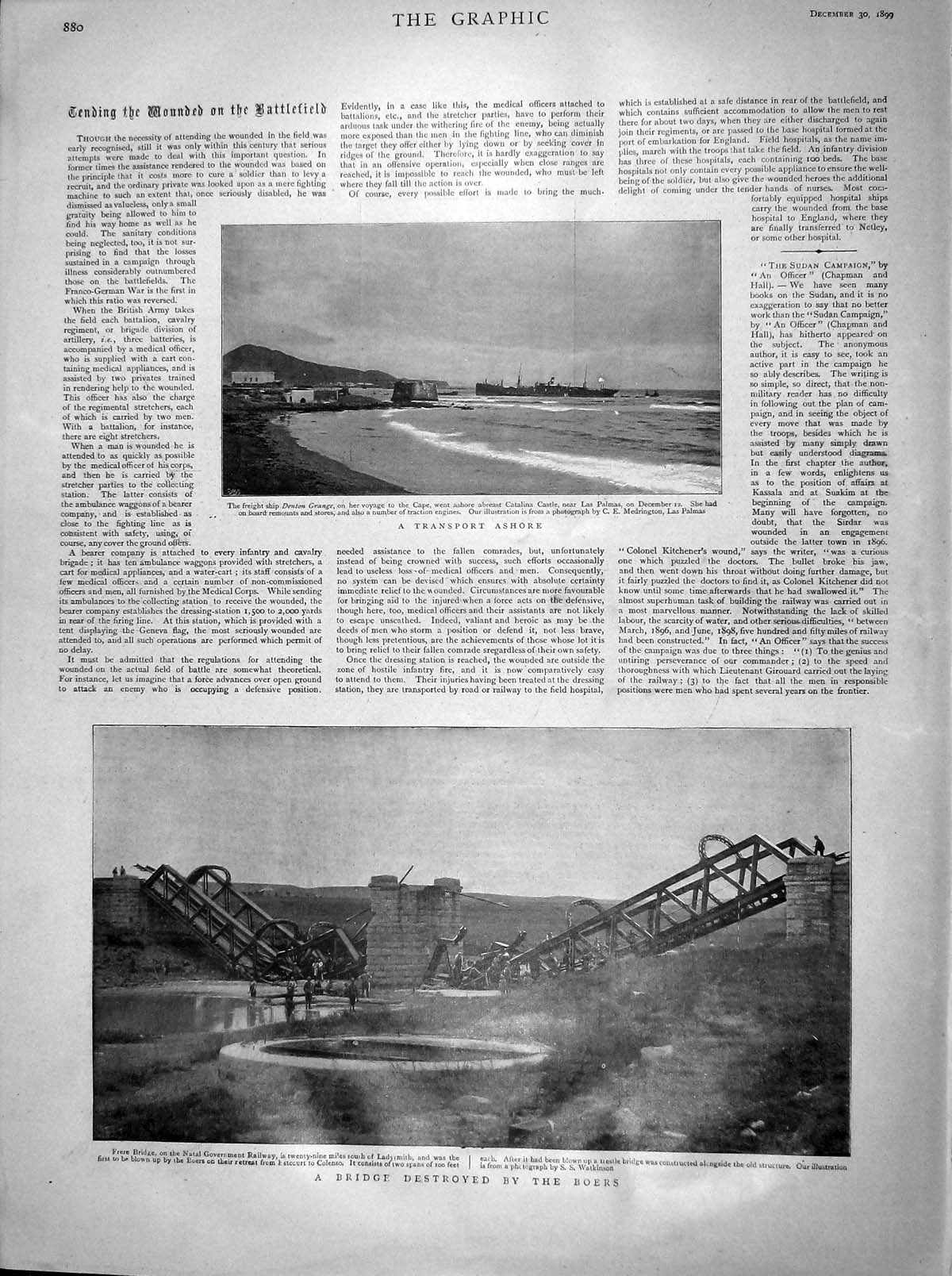 Original Old Antique Print 1899 Transport Ship Denton Grange Frere Bridge Boers