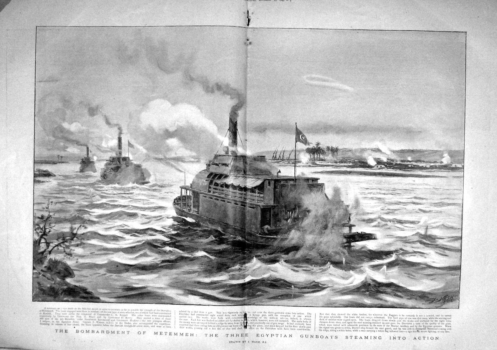 Old Antique Print 1899 Bombardment Metemmeh Egyptian Gunboats Ships War 19th
