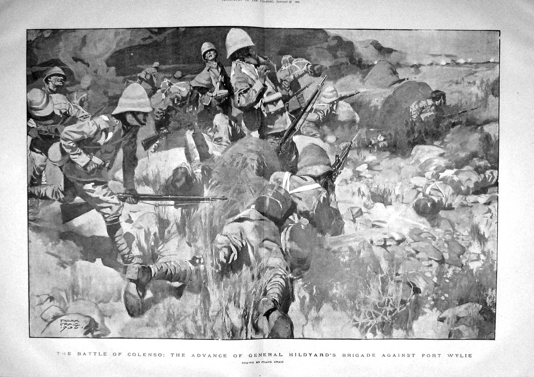 Antique Old Print 1899 Battle Colenso General Hildyard Brigade Fort Wylie 19th