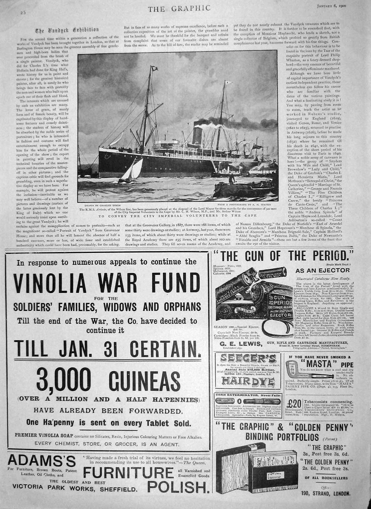 Old Antique Print 1900 Ship R.M.S. Ariosto Wilson Line Vinolia War Fund 20th