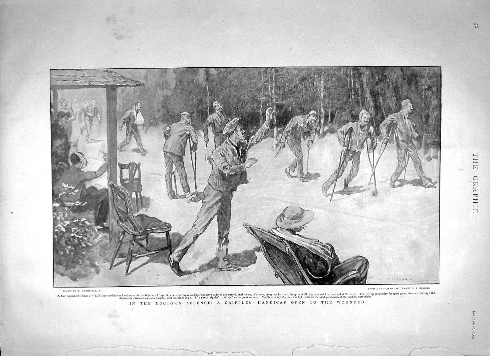 Original Old Antique Print 1900 Doctor Cripples Handicap Race Wynberg Hospital
