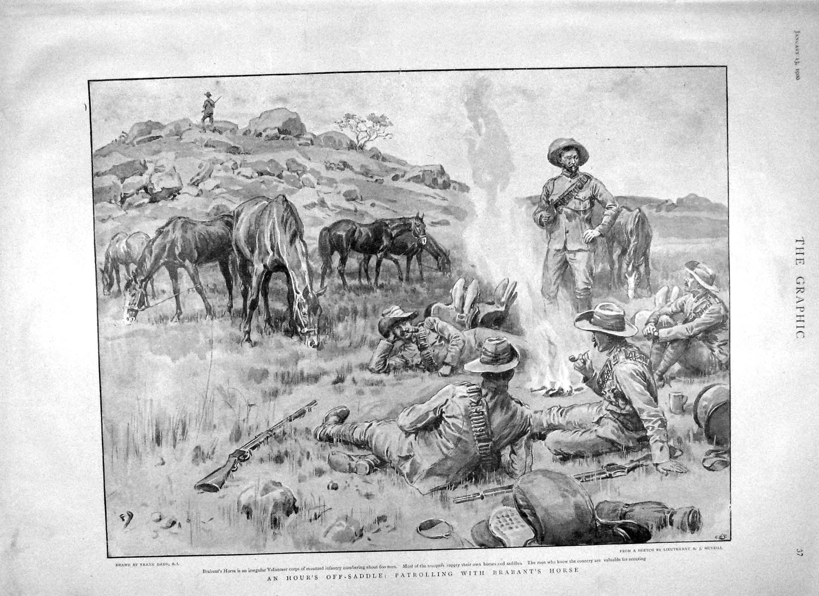 Old Antique Print 1900 Brabant Horse War Long Tom Boer Orange River Gun 20th