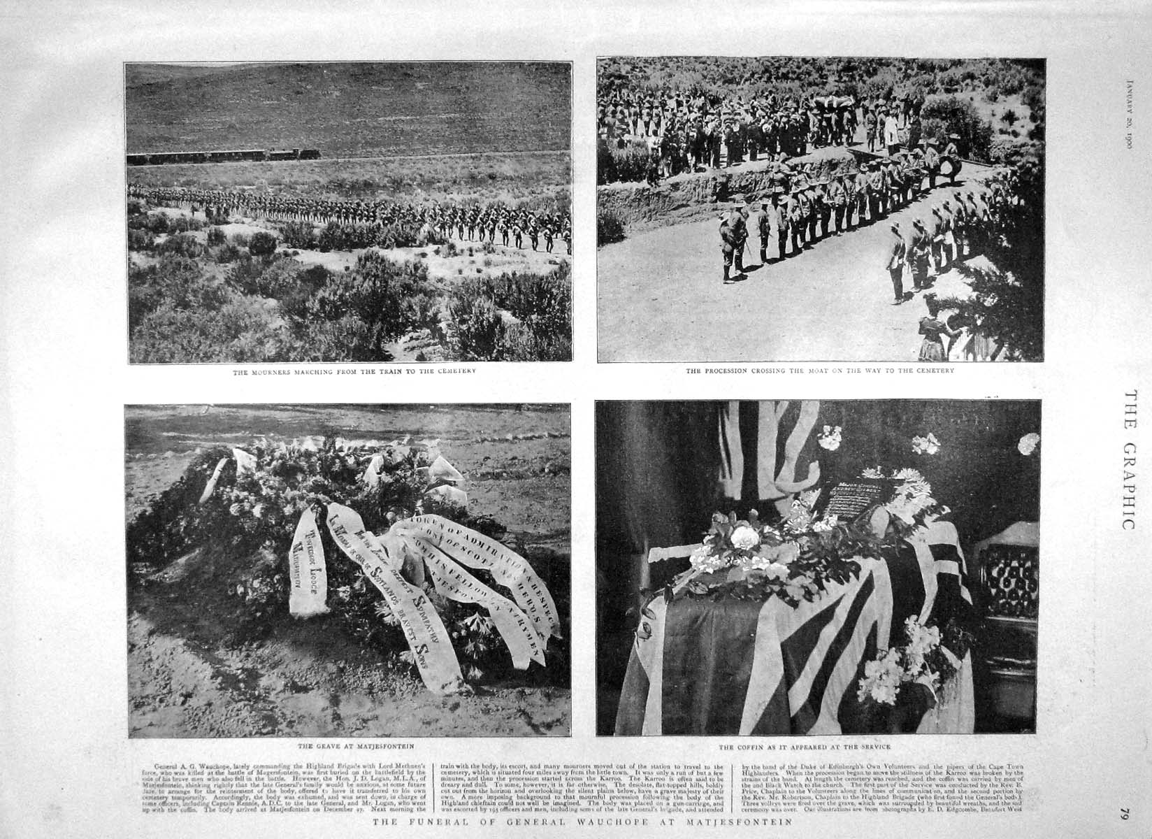 Original Old Antique Print 1900 Funeral General Wauchope Matjesfontein Boer War