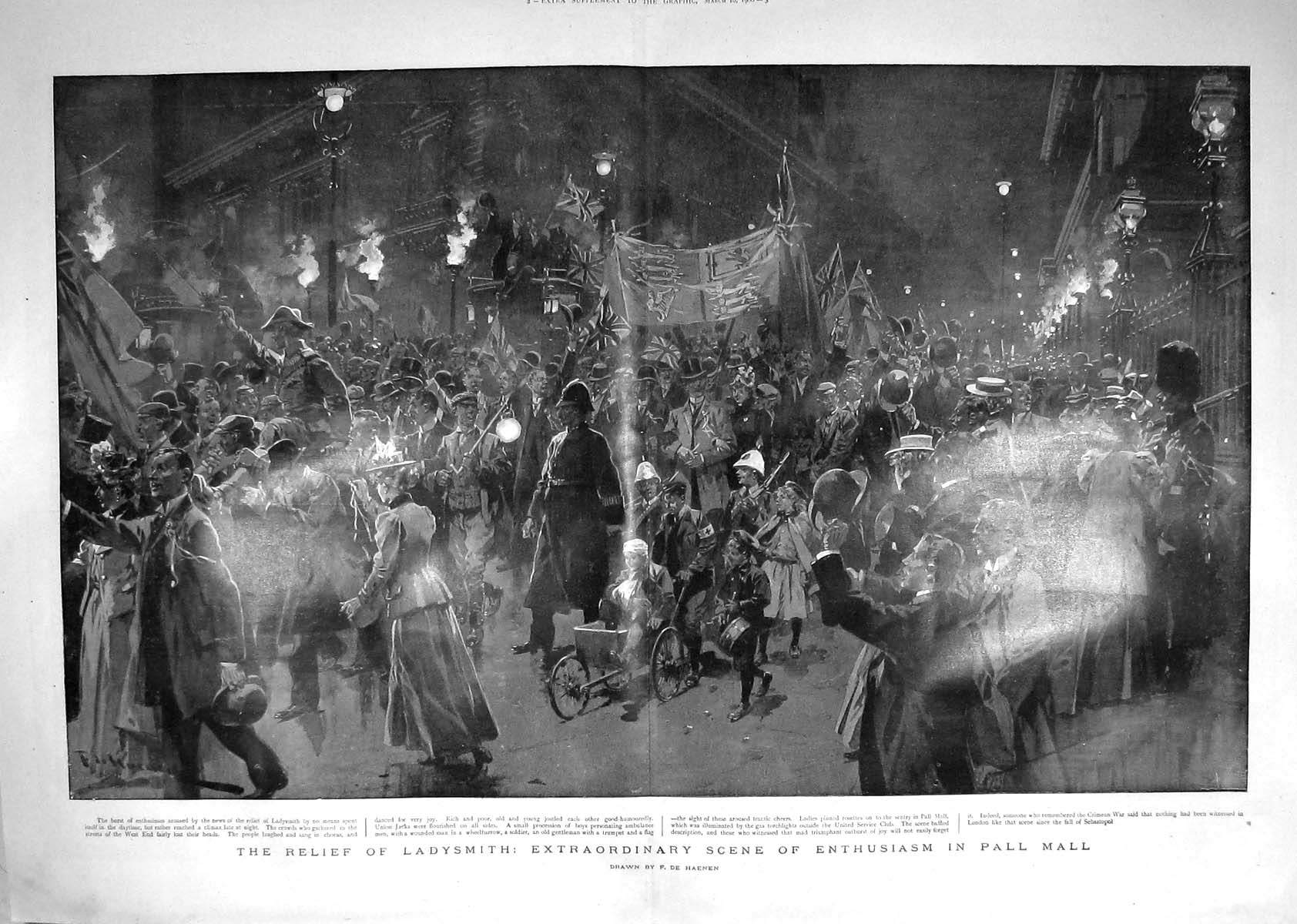 Original Old Antique Print 1900 Ladysmith Pall Mall London Celebrations Scene