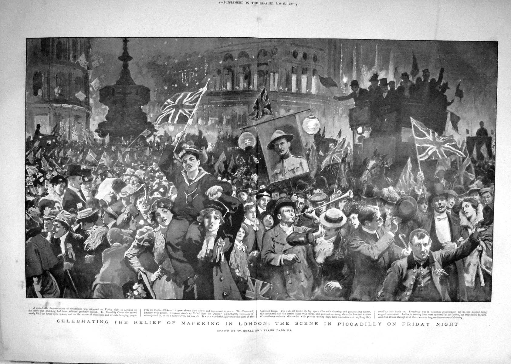 Original Old Antique Print 1900 Relief Mafeking London Street Scene Piccadilly