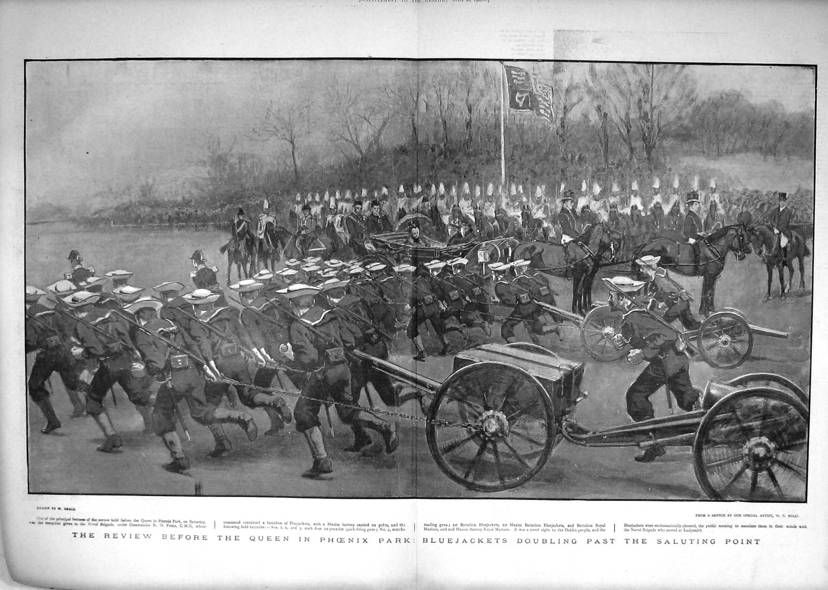 Original Old Antique Print 1900 Queen Phoenix Park Bluejackets Siers Marines