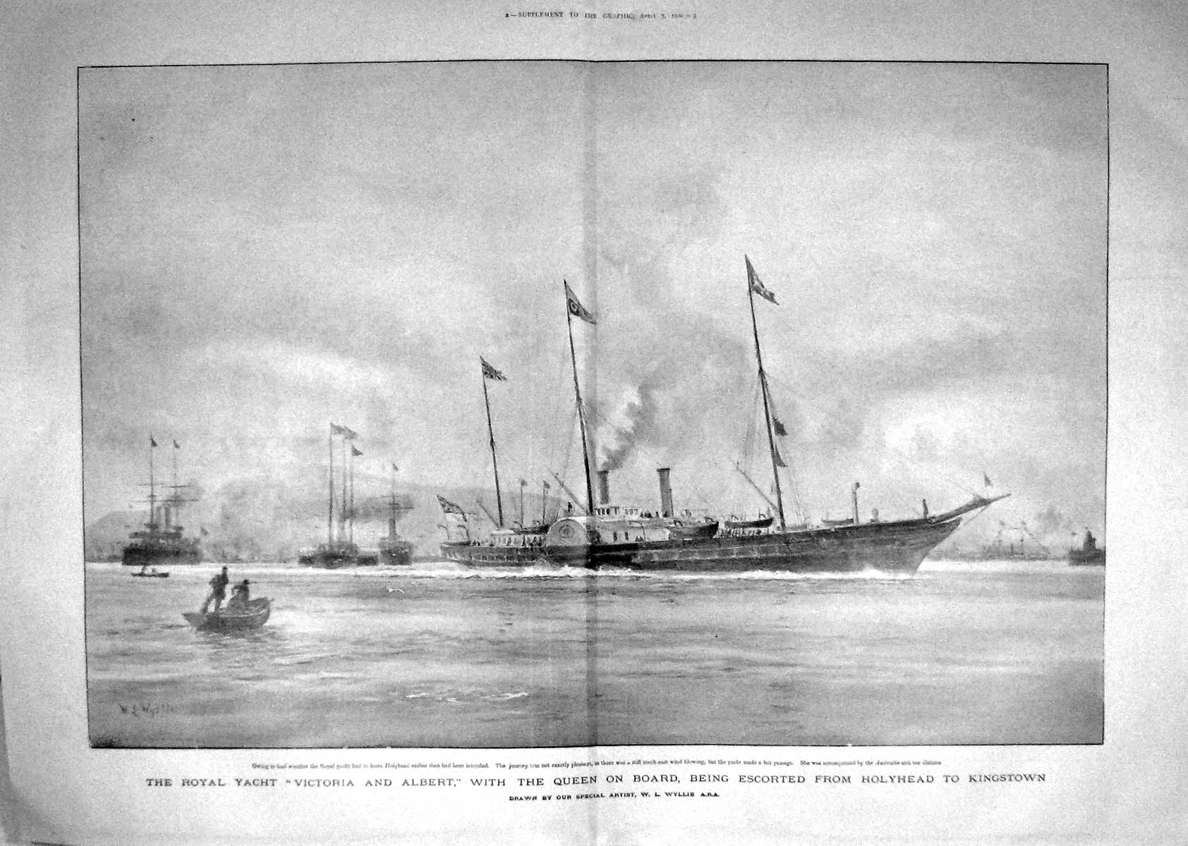 Old Antique Print 1900 Queen Ship Yacht Victoria Albert Holyhead Ireland 20th