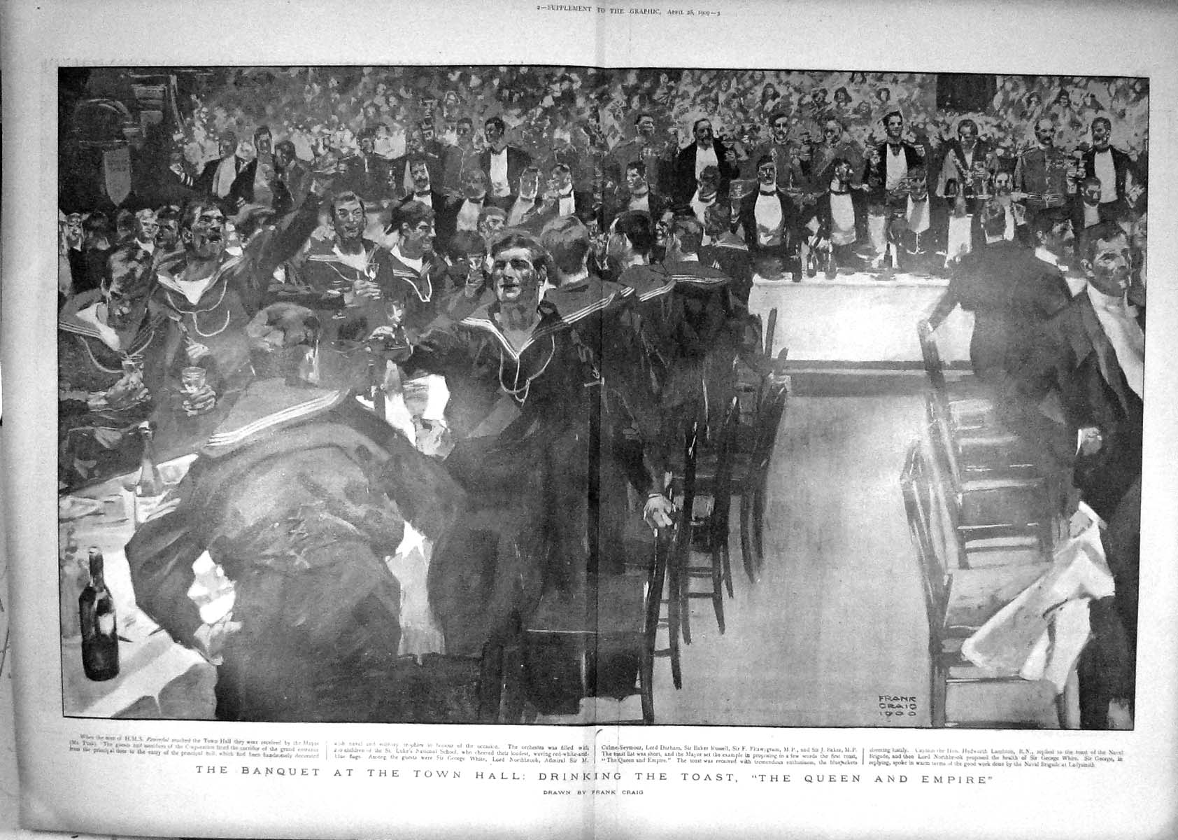 Old Antique Print 1900 Banquet Town Hall Toast Queen Northbrook Russell 20th
