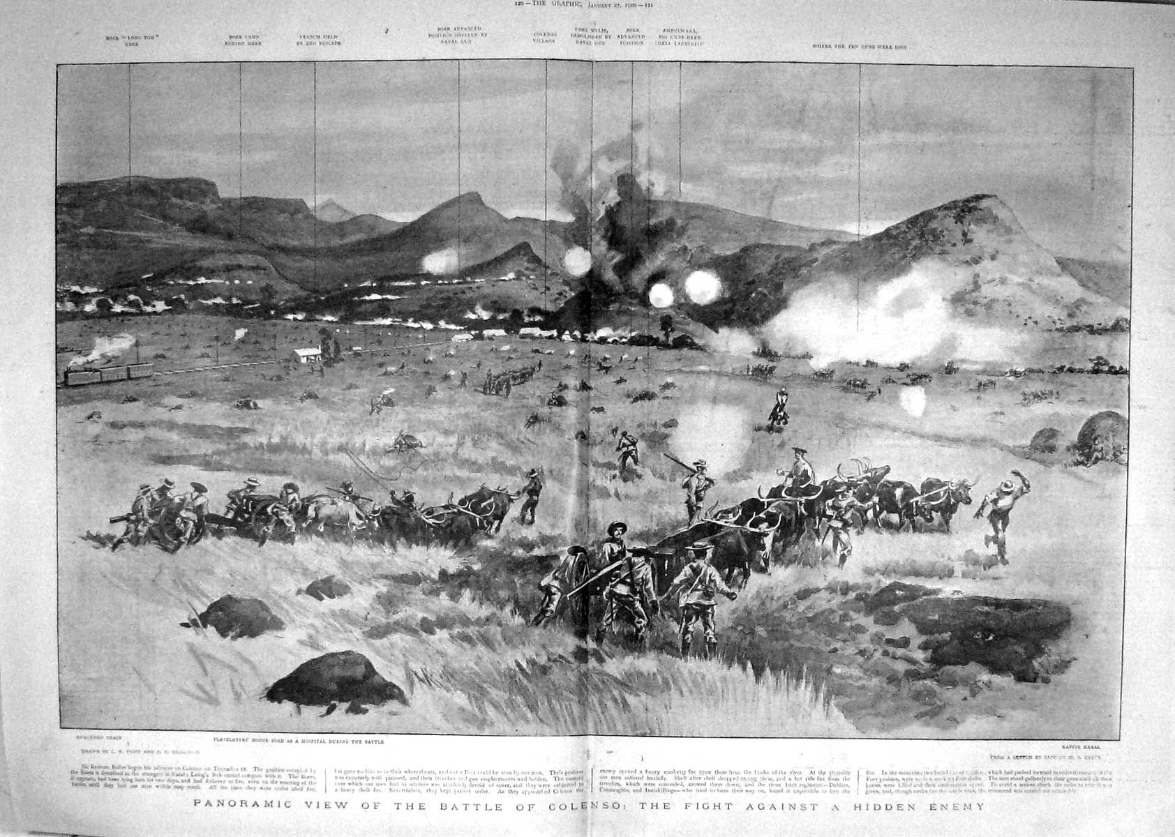 Original Old Antique Print 1900 War Battle Colenso Buller Kaffir Kraal Boers