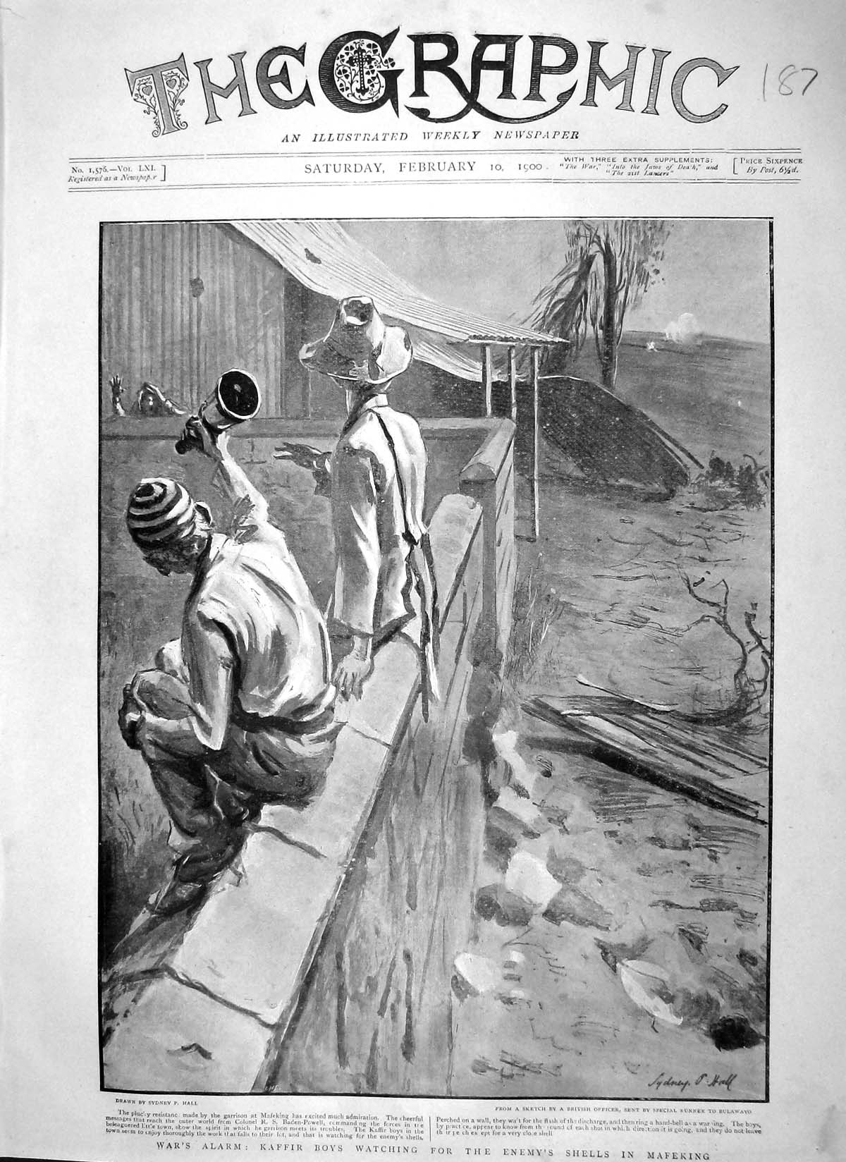 Original Old Antique Print 1900 Kaffir Boys War Watching Enemy Shells Mafeking