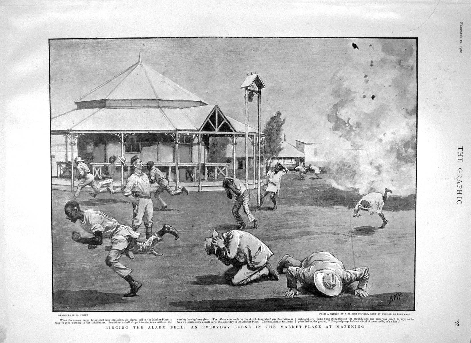 Original Old Antique Print 1900 Market-Place Mafeking Bombs Raphael Wynne Petre
