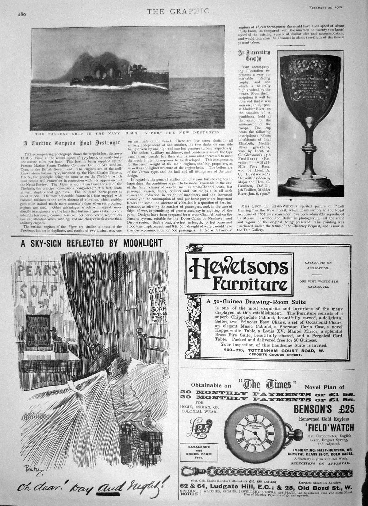 Original Old Antique Print 1900 Navy Ship Viper Destroyer Racing Trophy Benson