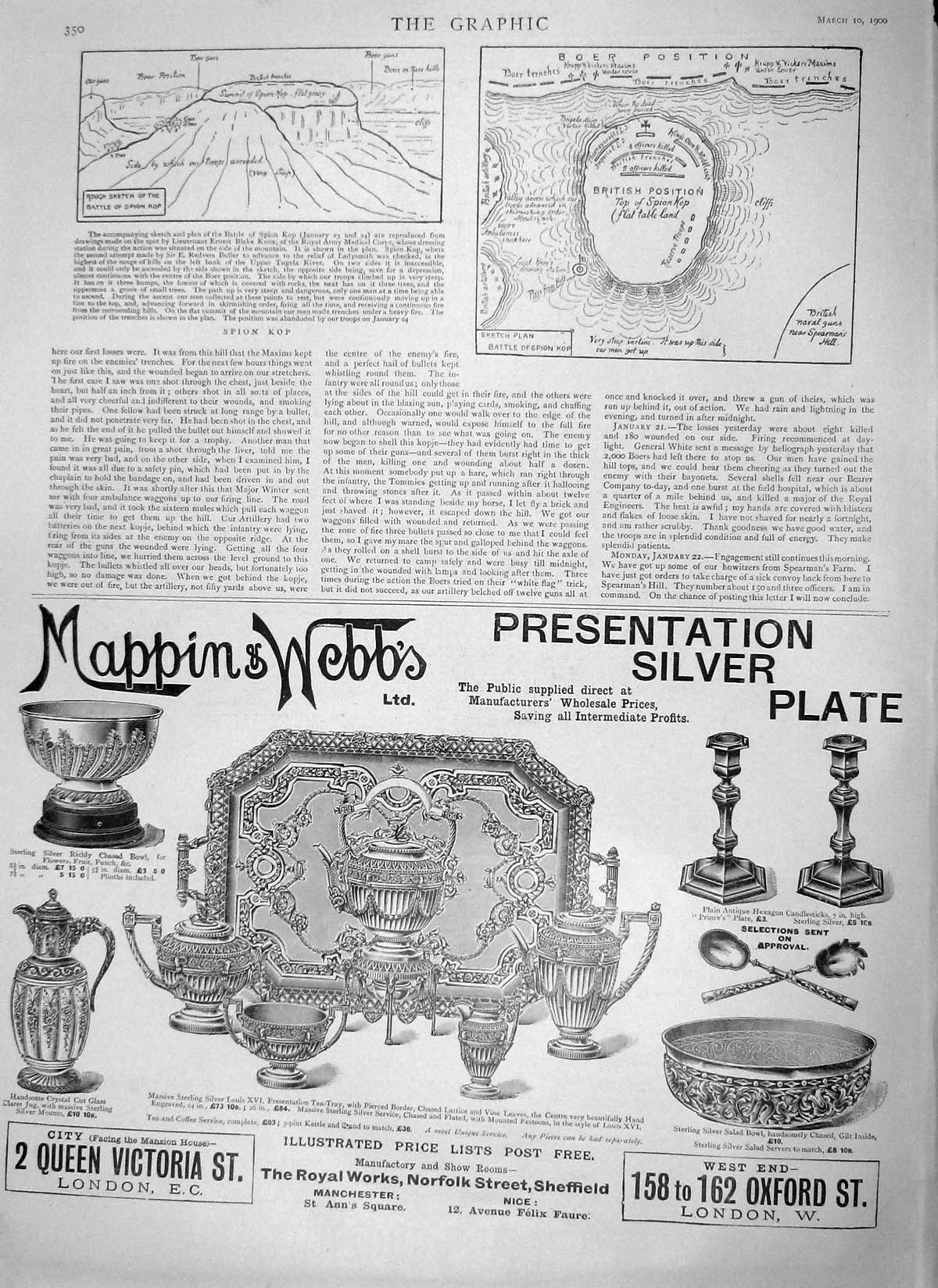 Old Antique Print 1900 Sketch Map Battle Spion Kop Boer War Mappin Webb 20th