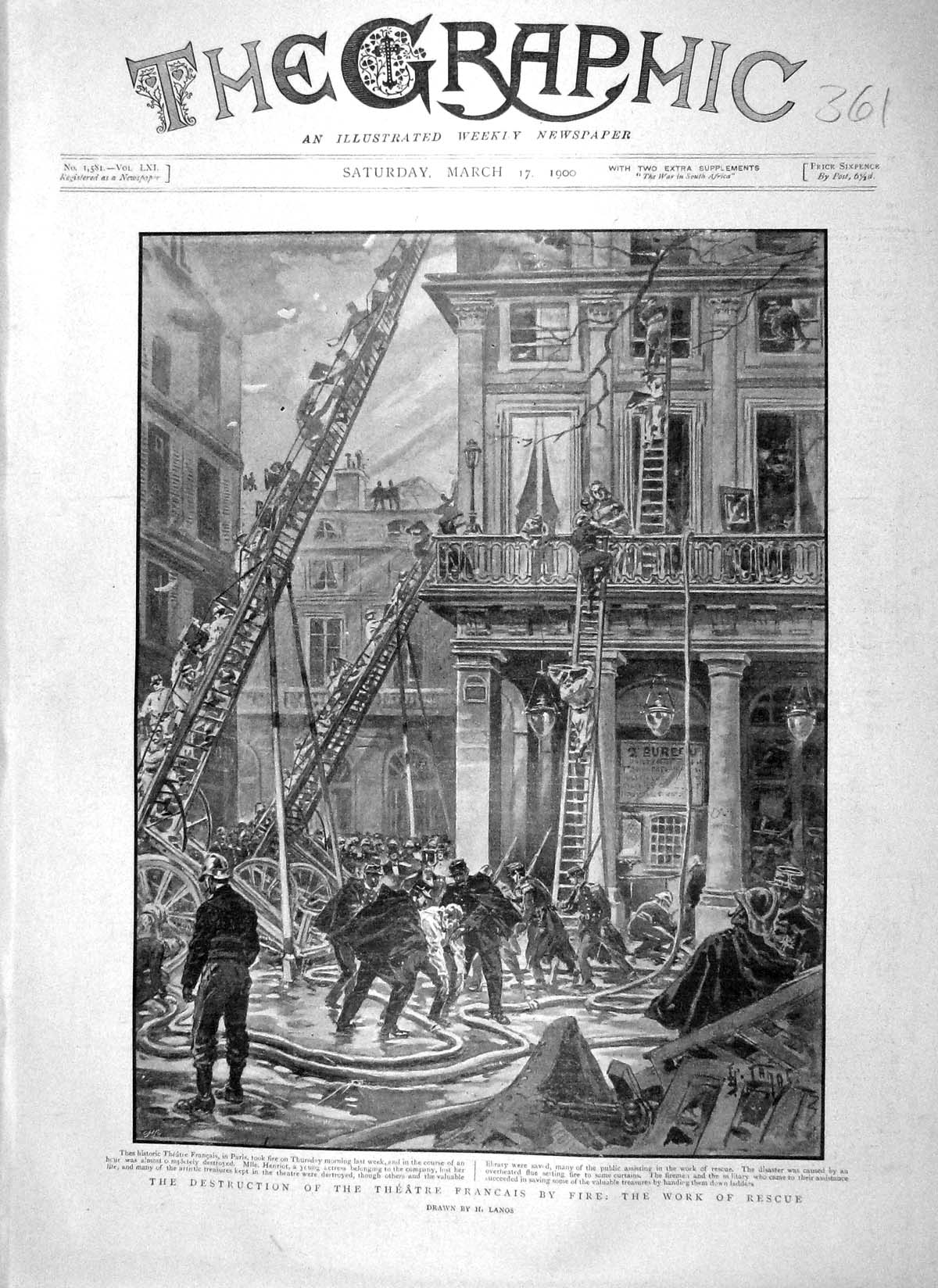 Original Old Antique Print 1900 Destruction Theatre Francais Fire Paris France