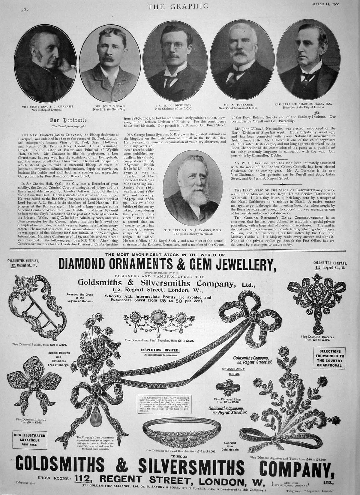 Old Antique Print 1900 Chavasse O'Dowd Dickinson Torrance Hall Diamonds 20th