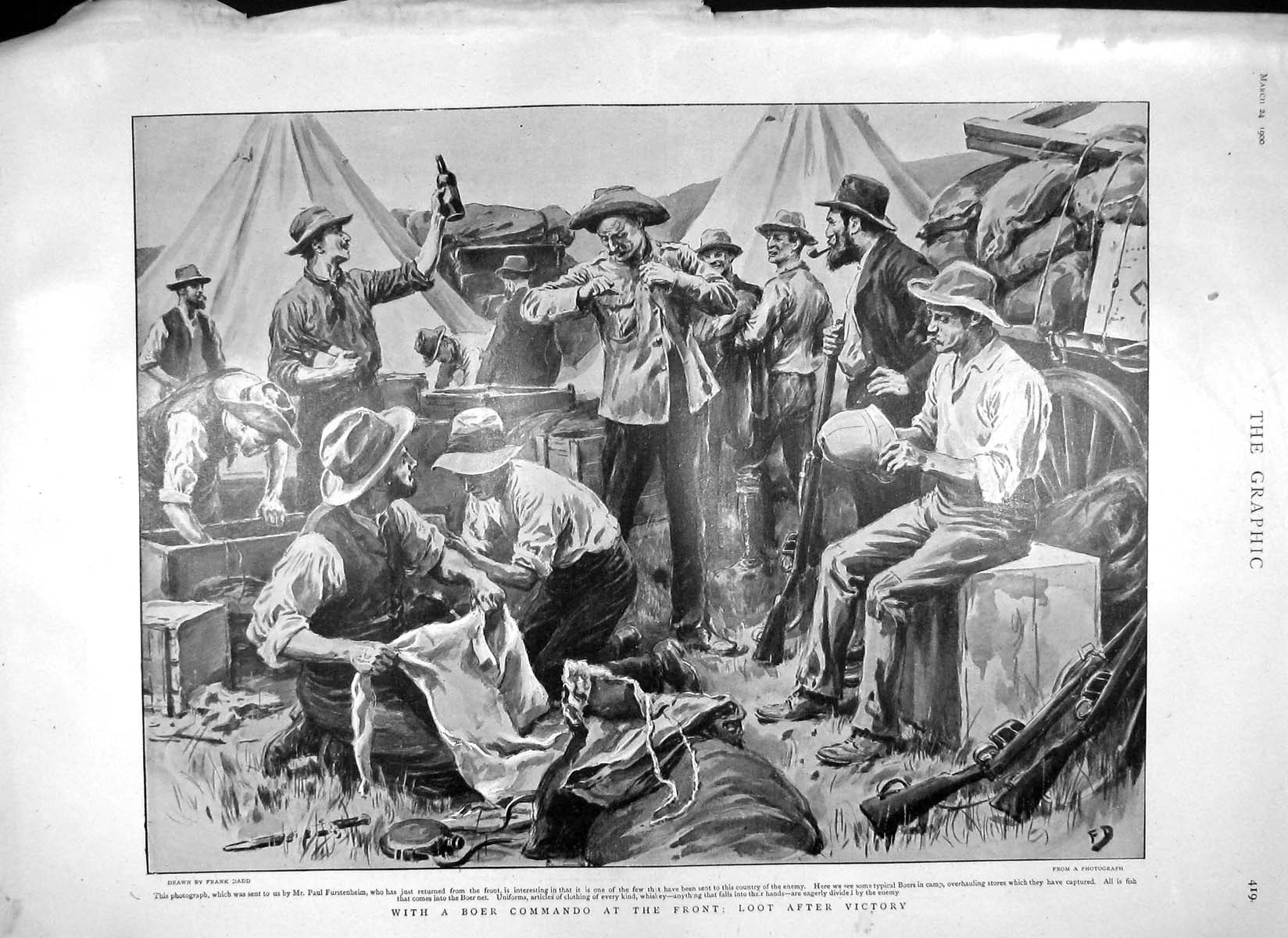 Old Antique Print 1900 Boer War Camp Loot Stores Kiosque Marques Harvey 20th