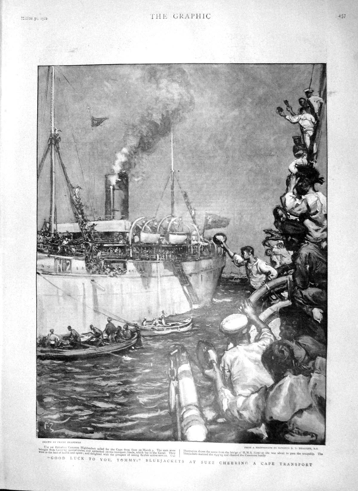 Old Antique Print 1900 Bluejackets Ship Cameron Highlanders Labram Cecil 20th