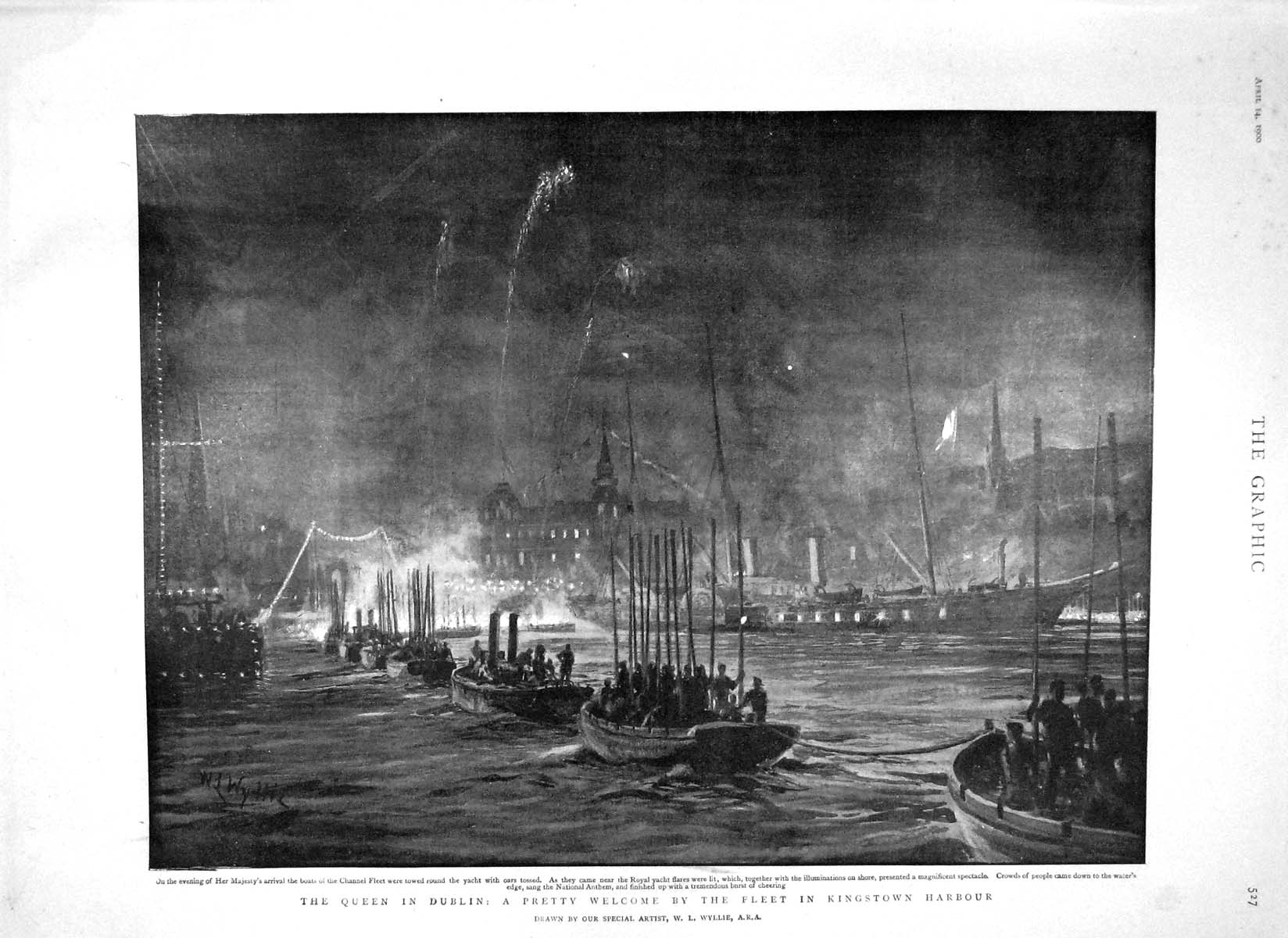 Original Old Antique Print 1900 Queen Dublin Ships Kingstown Harbour Brussels