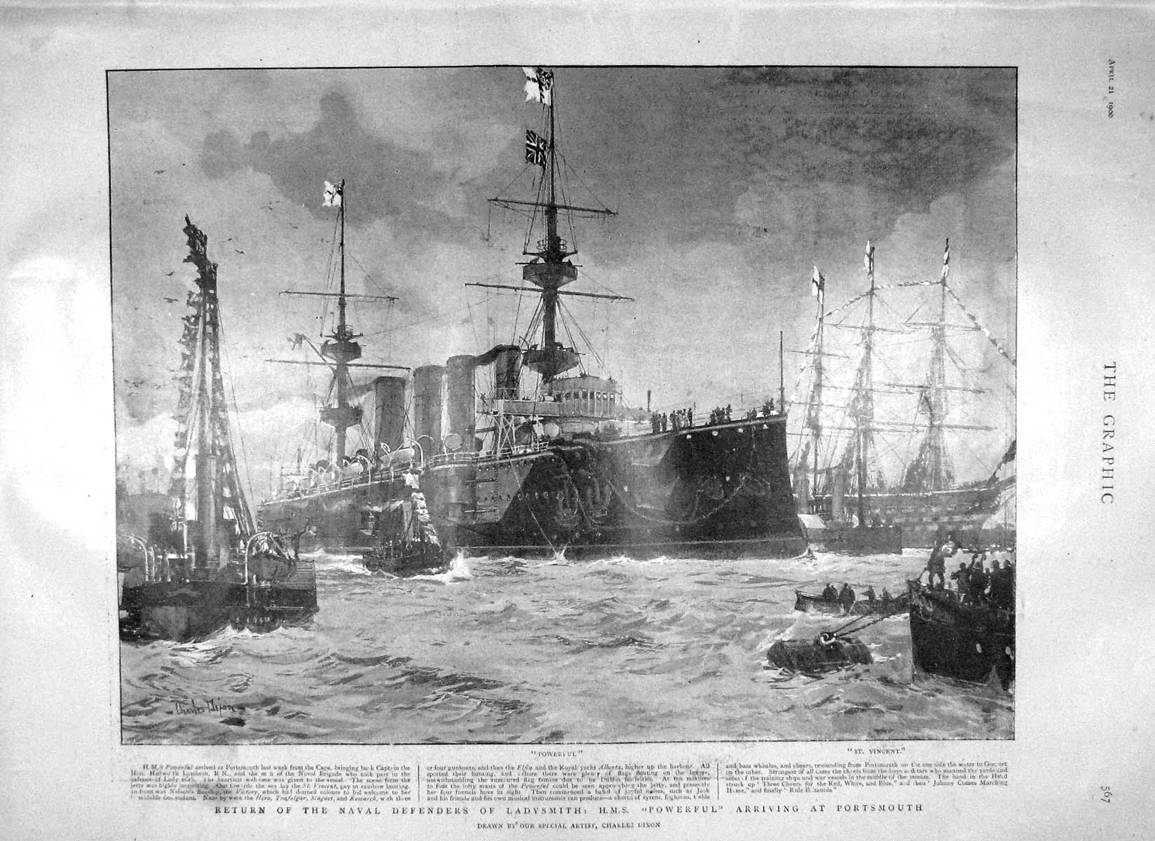 Old Antique Print 1900 Ladysmith Ship Powerful Vincent Portsmouth Albert 20th