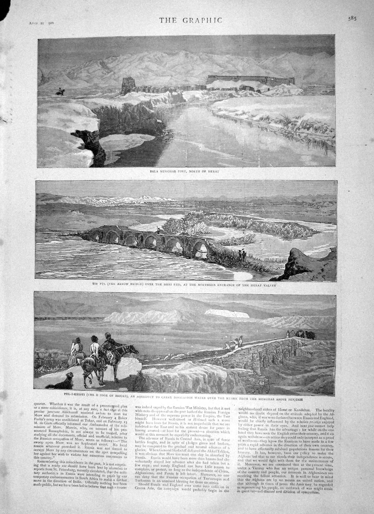 Old Antique Print 1900 Murghab Fort Heart Penjdeh Alfred Picard War Map 20th