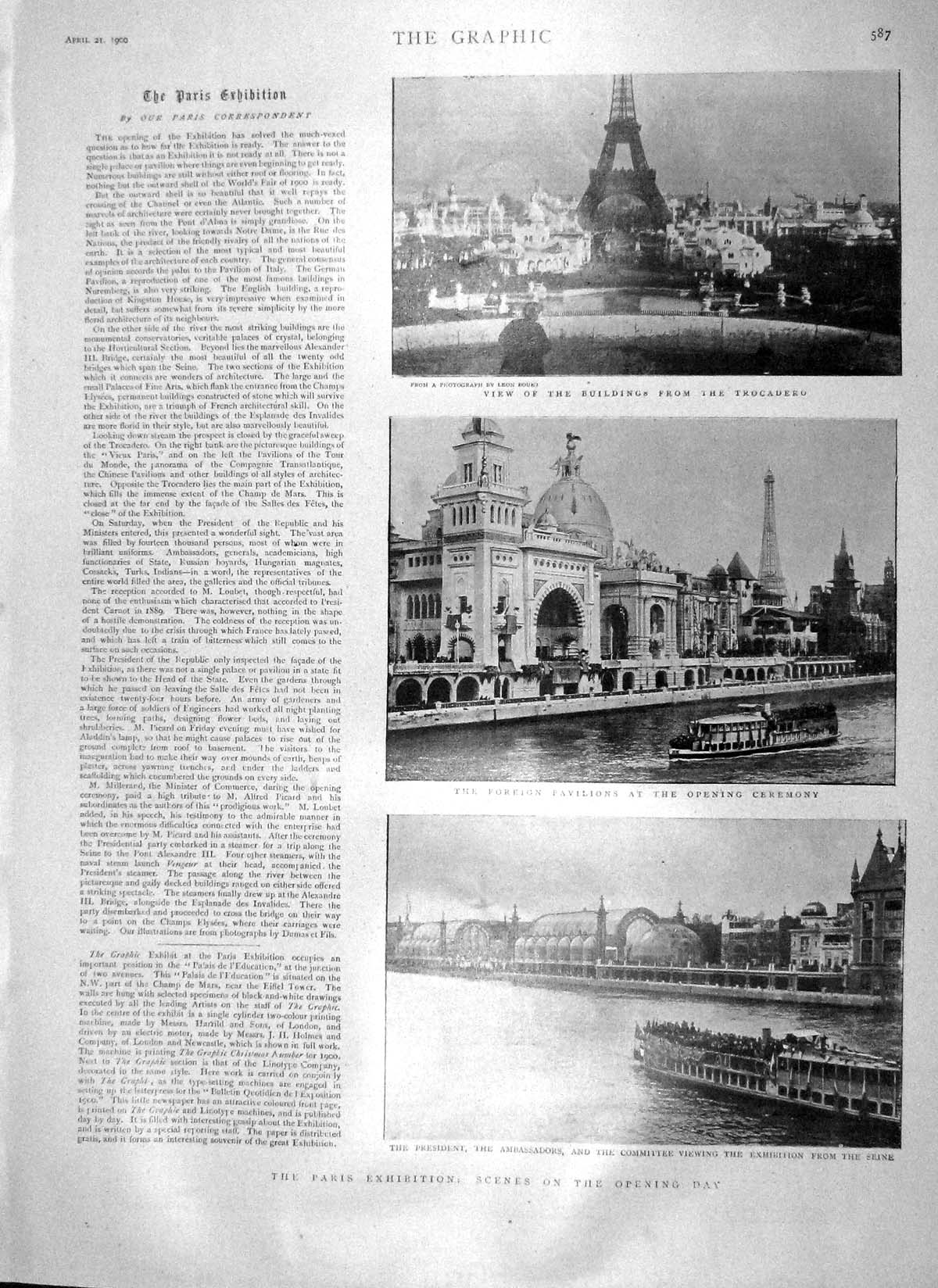 Old Antique Print 1900 Paris Torcadero Pavilion River Seine Boat France 20th