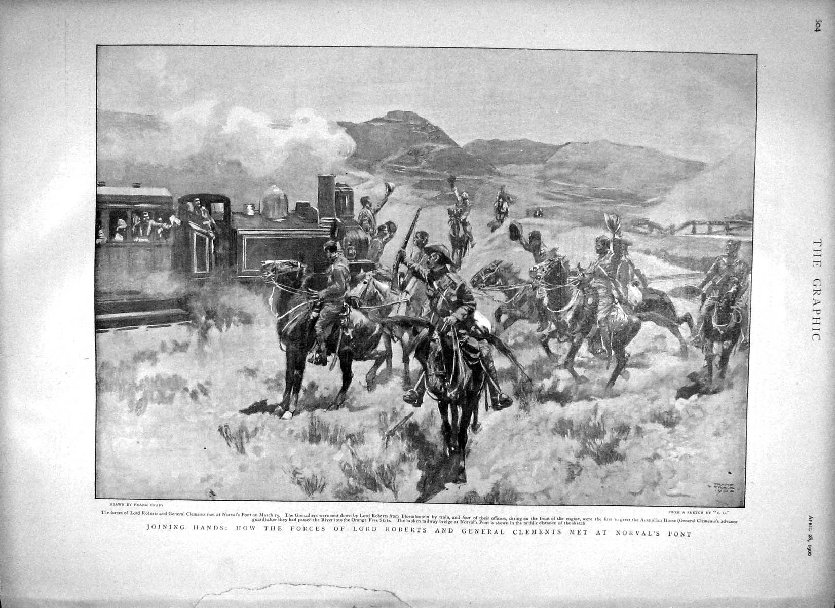 Original Old Antique Print 1900 Lord Roberts General Clements Borval'S Pont War