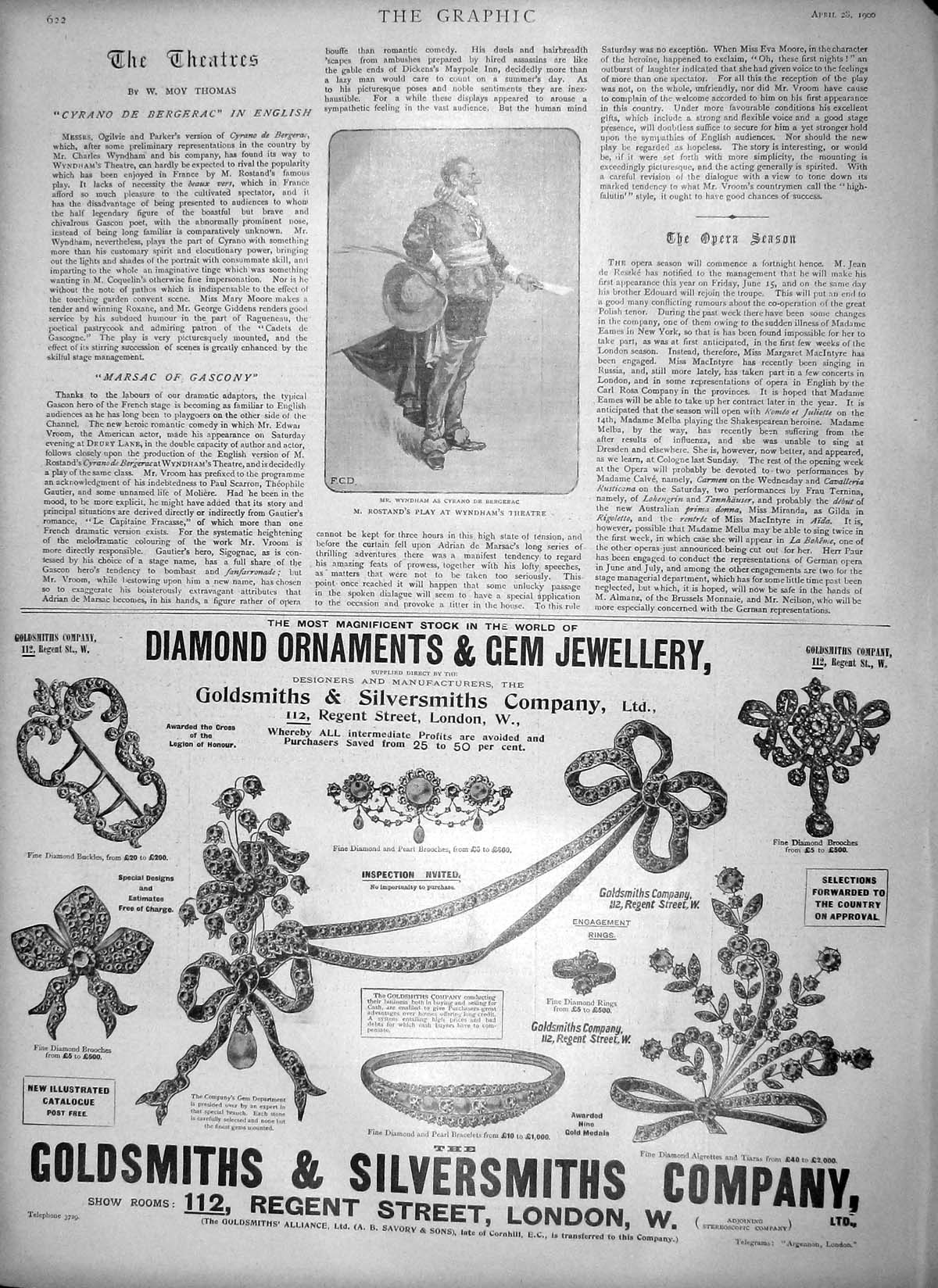 Original Old Antique Print 1900 Rostand Wyndham Theatre Diamond Gsmith London