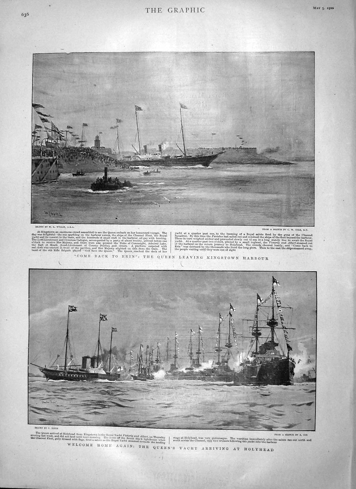 Original Old Antique Print 1900 Queen Kingstown Harbour Ship Victoria Holyhead