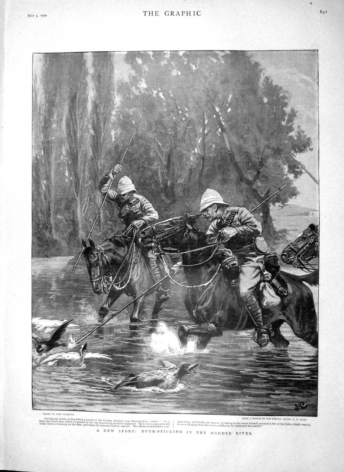 Old Antique Print 1900 Duck Sticking Modder River Sport Magersfontein War 20th