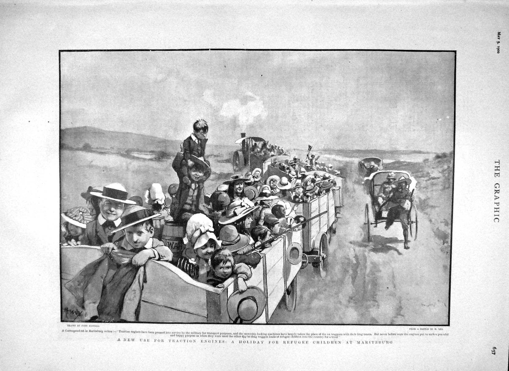 Old Antique Print 1900 Traction Engine Children Maritzburg Paris Suffren 20th