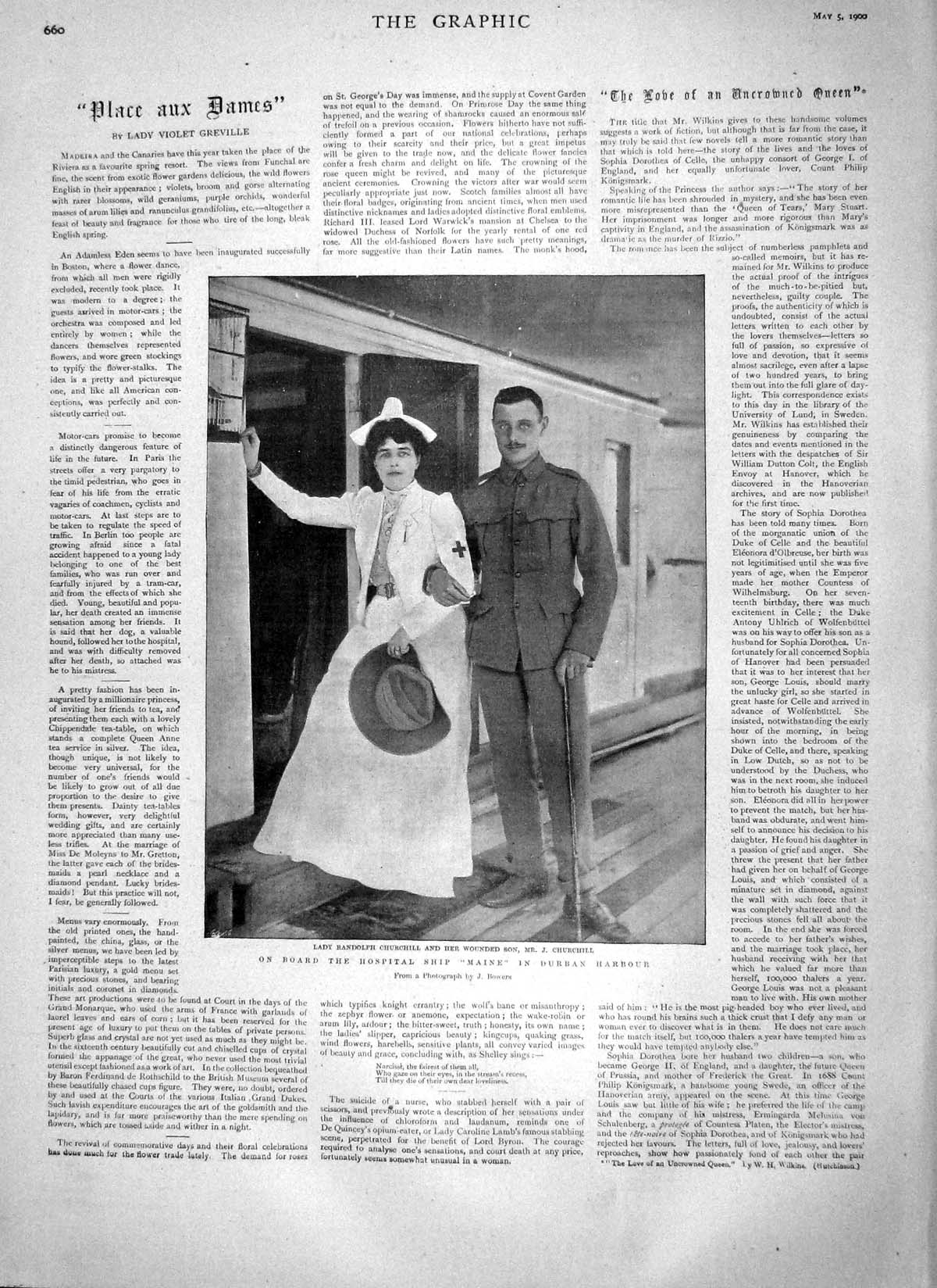 Old Antique Print 1900 Lady Randolph Churchill Hospital Ship Maine Durban 20th