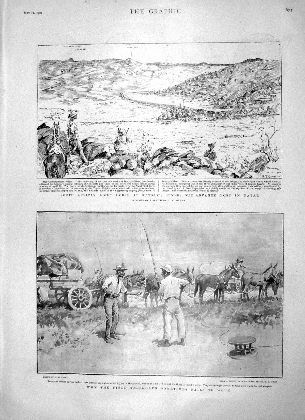 Original Old Antique Print 1900 Africa Sunday'S River Field Telegraph War Japan
