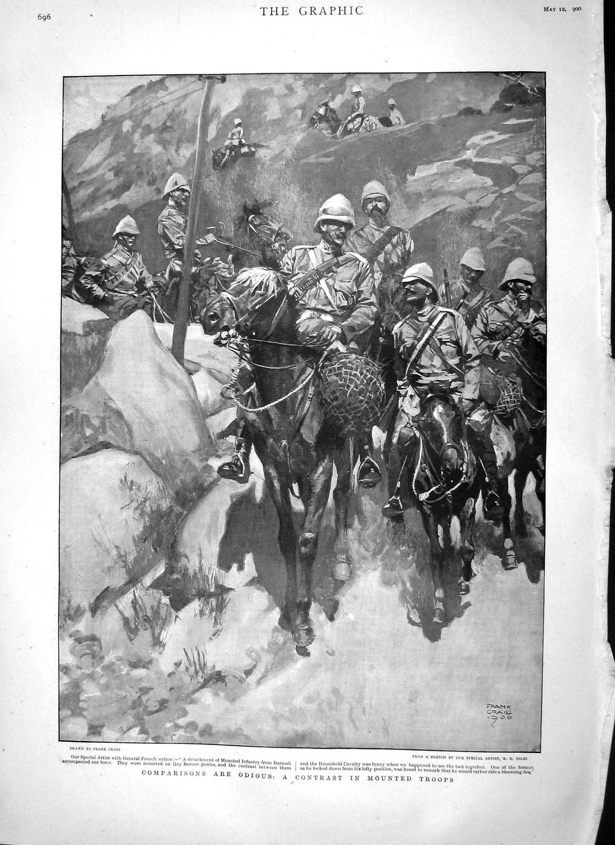 Original Old Antique Print 1900 Mounted Troops War Burmah Nullah Bloemfontein