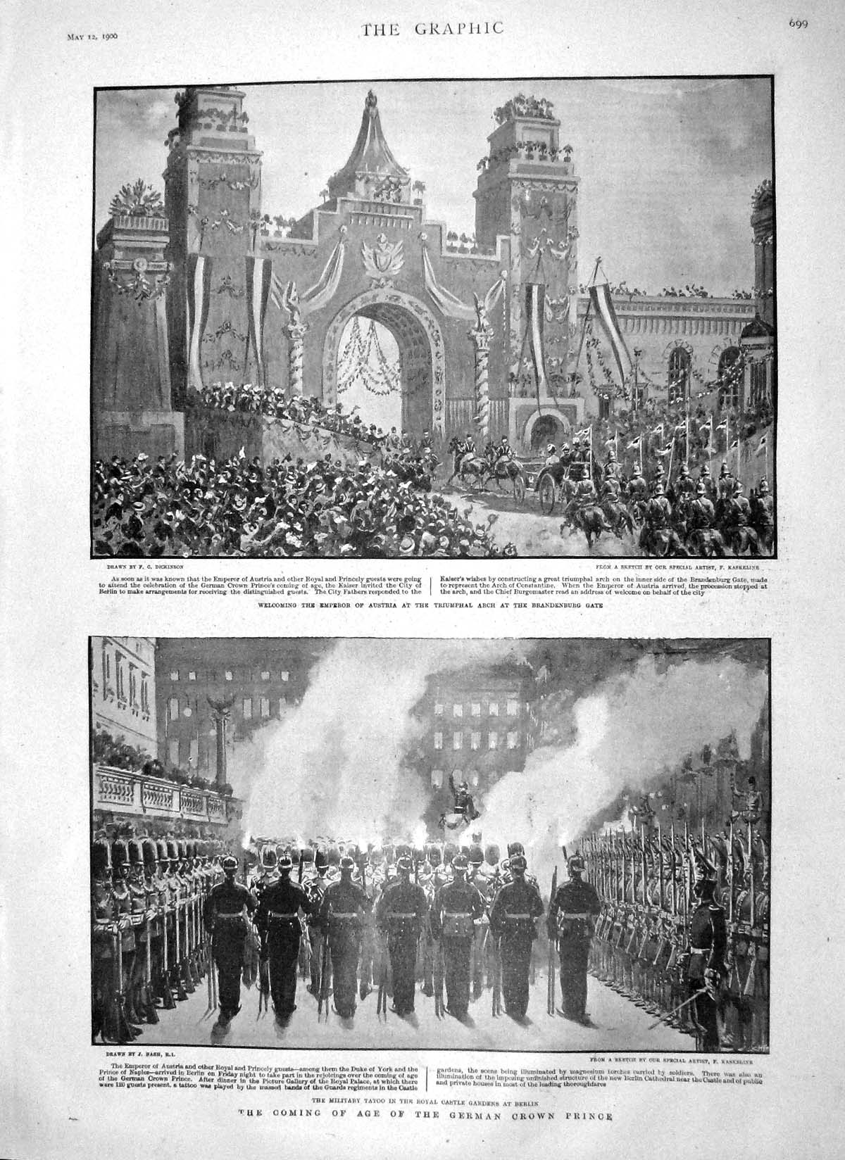Original Old Antique Print 1900 Emperor Austria Brandenburg Gate Castle Berlin