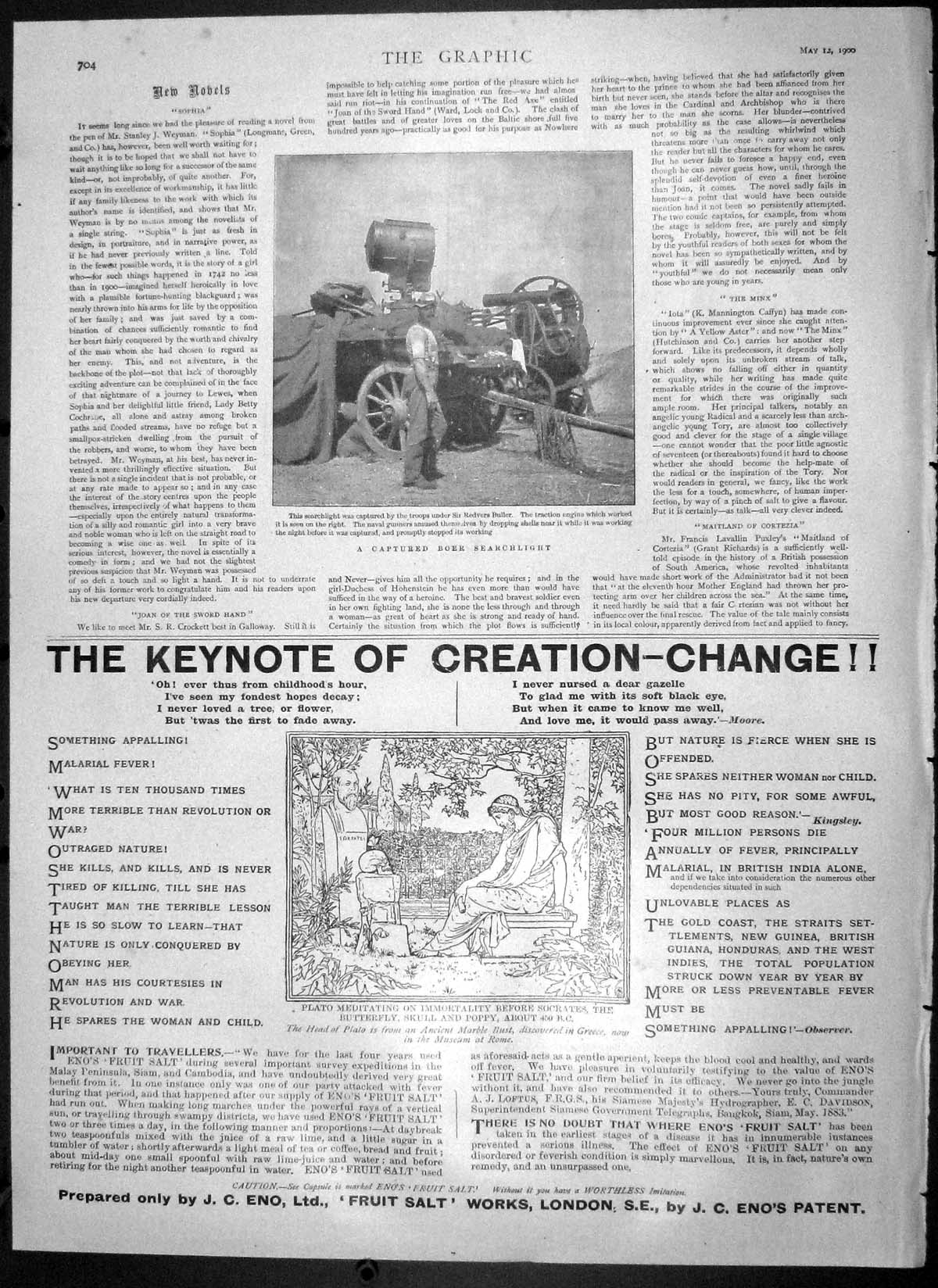 Old Antique Print 1900 Boer Searchlight Traction Engine Eno'S Fruit Salt 20th