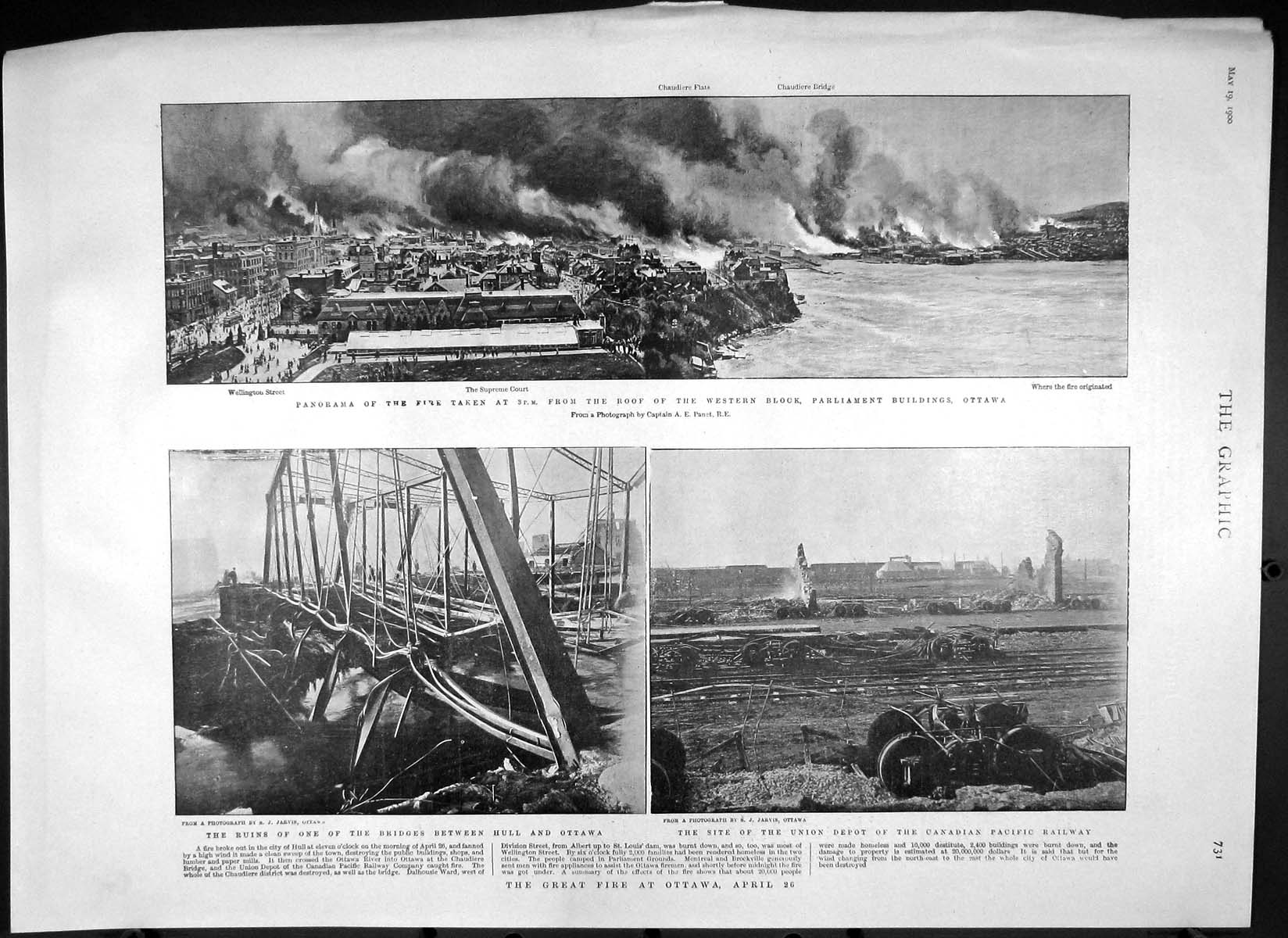 Old Antique Print 1900 Fire Ottawa Wellington Supreme Court Union Depot 20th