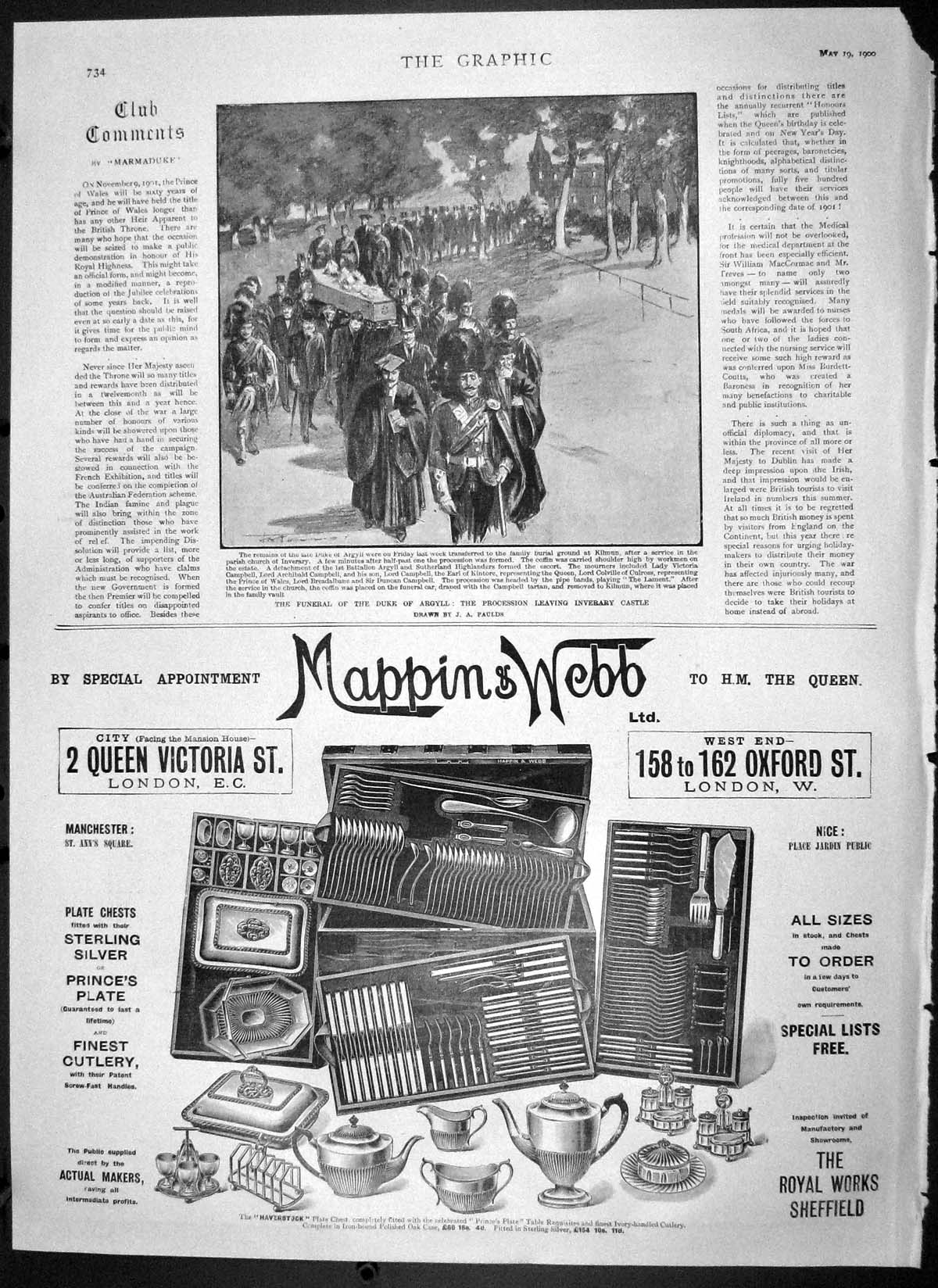 Original Old Antique Print 1900 Funeral Duke Argyll Inverary Castle Mappin Webb