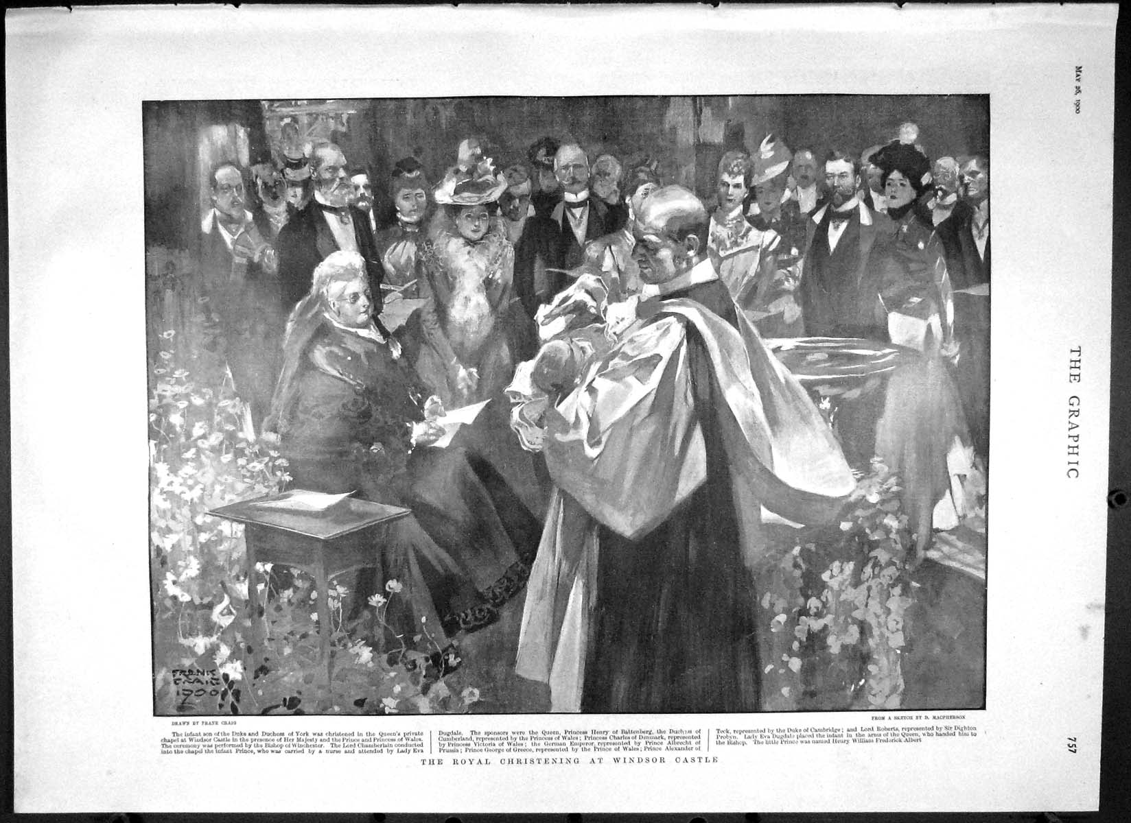 Old Antique Print 1900 Royal Christening Windsor Castle Duke York Queen 20th