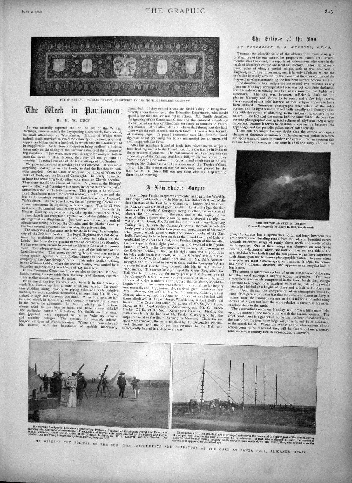 Original Old Antique Print 1900 Eclipse Camp Santa Pola Spain Persian Carpet