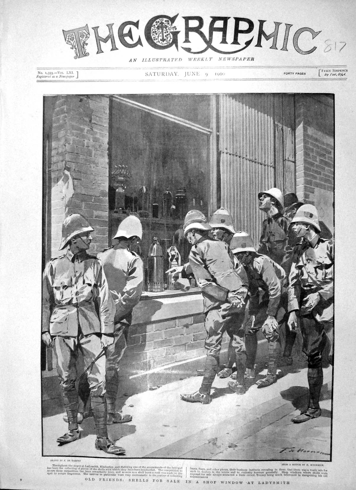 Original Old Antique Print 1900 War Shells Sale Shop Window Ladysmith Kimberley